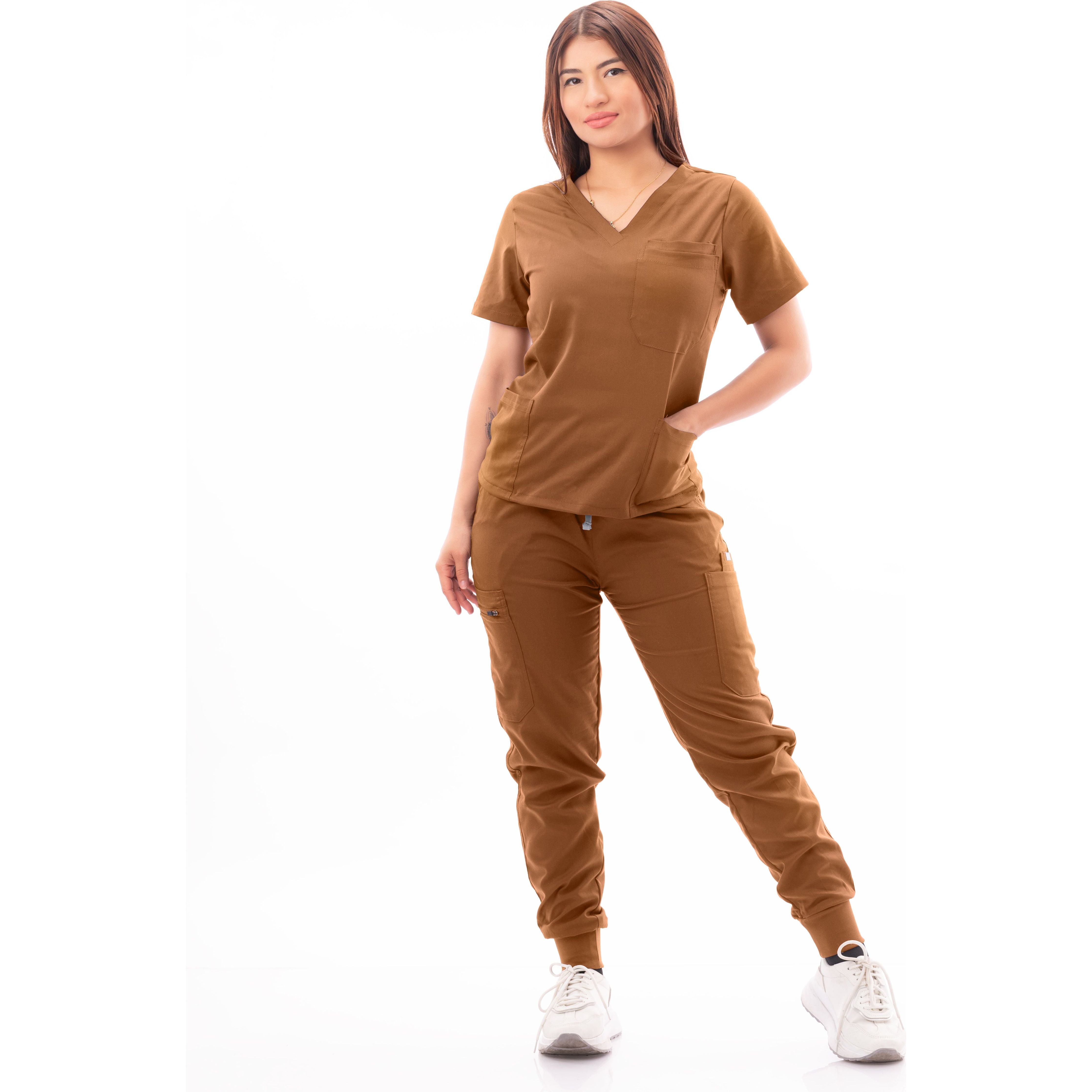 Multi-Pocket V-Neck Top and Scrub Jogger