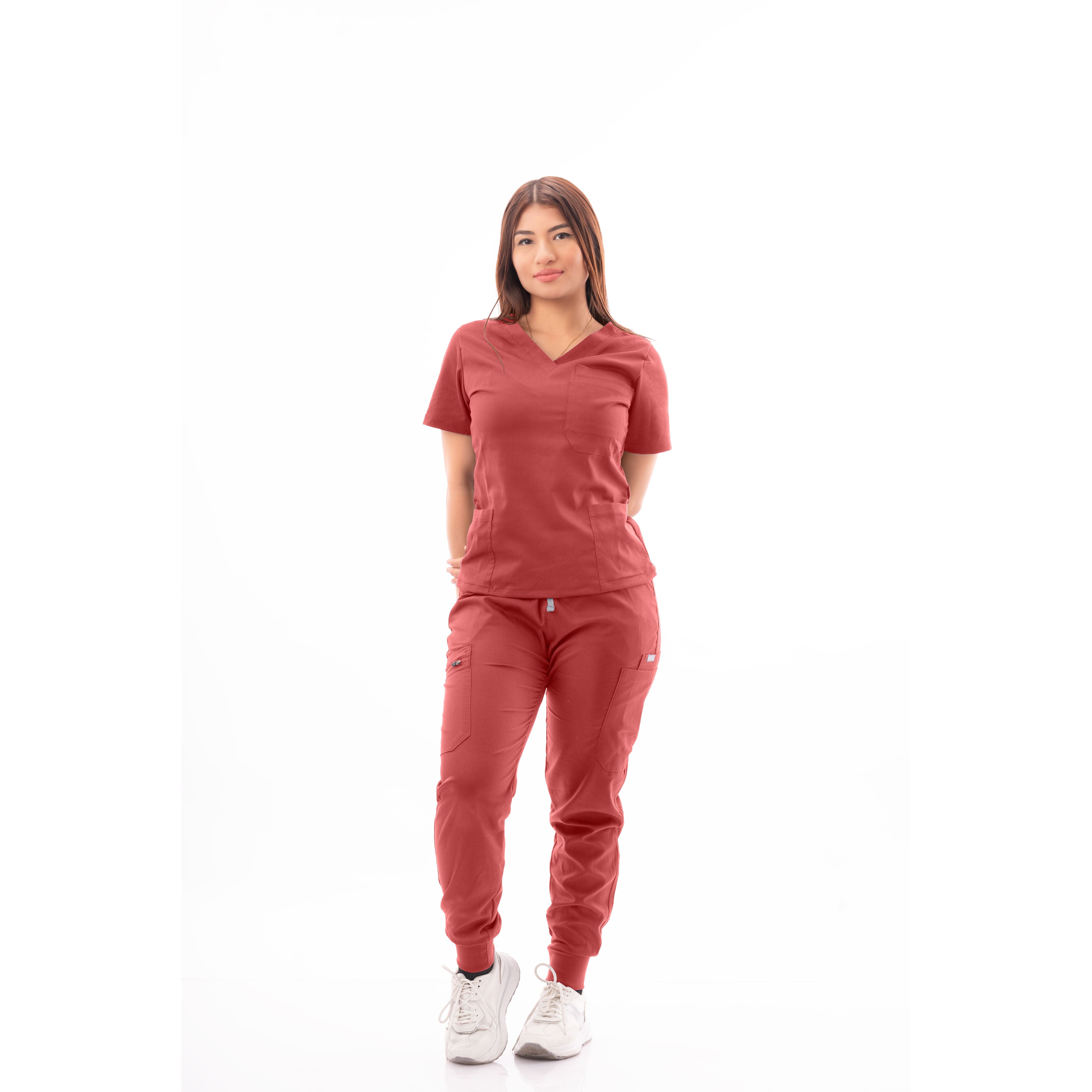 Multi-Pocket V-Neck Top and Scrub Jogger