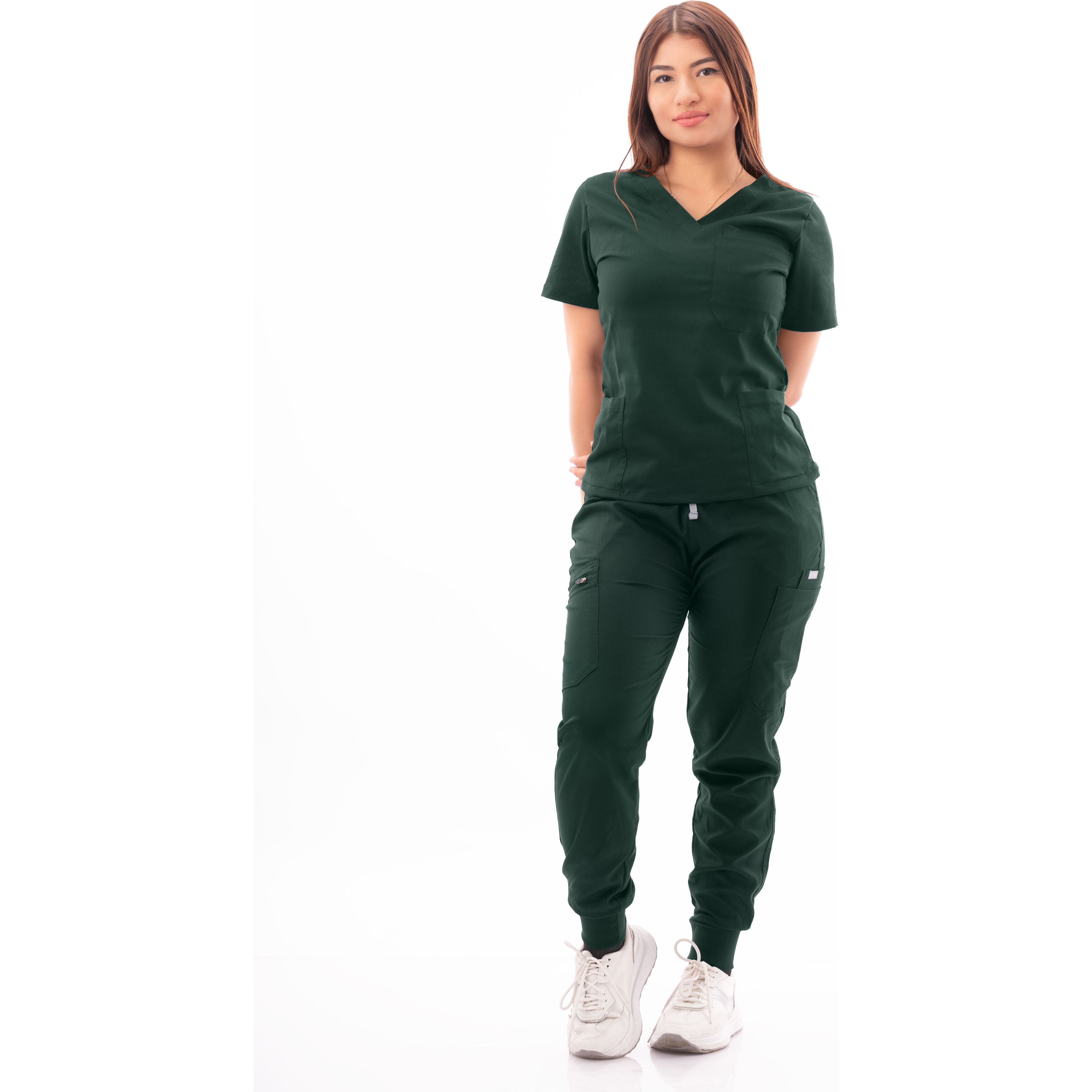 Multi-Pocket V-Neck Top and Scrub Jogger
