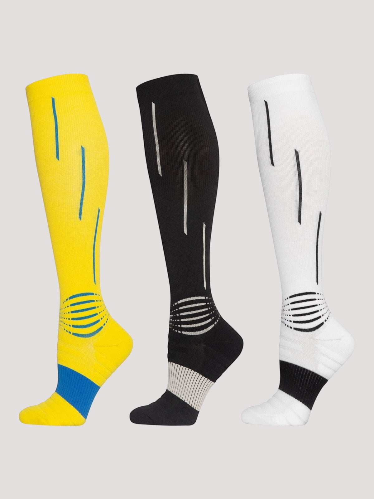Kotyss performance athletic compression knee-high socks in yellow, black, and white with moisture-wicking knit design.