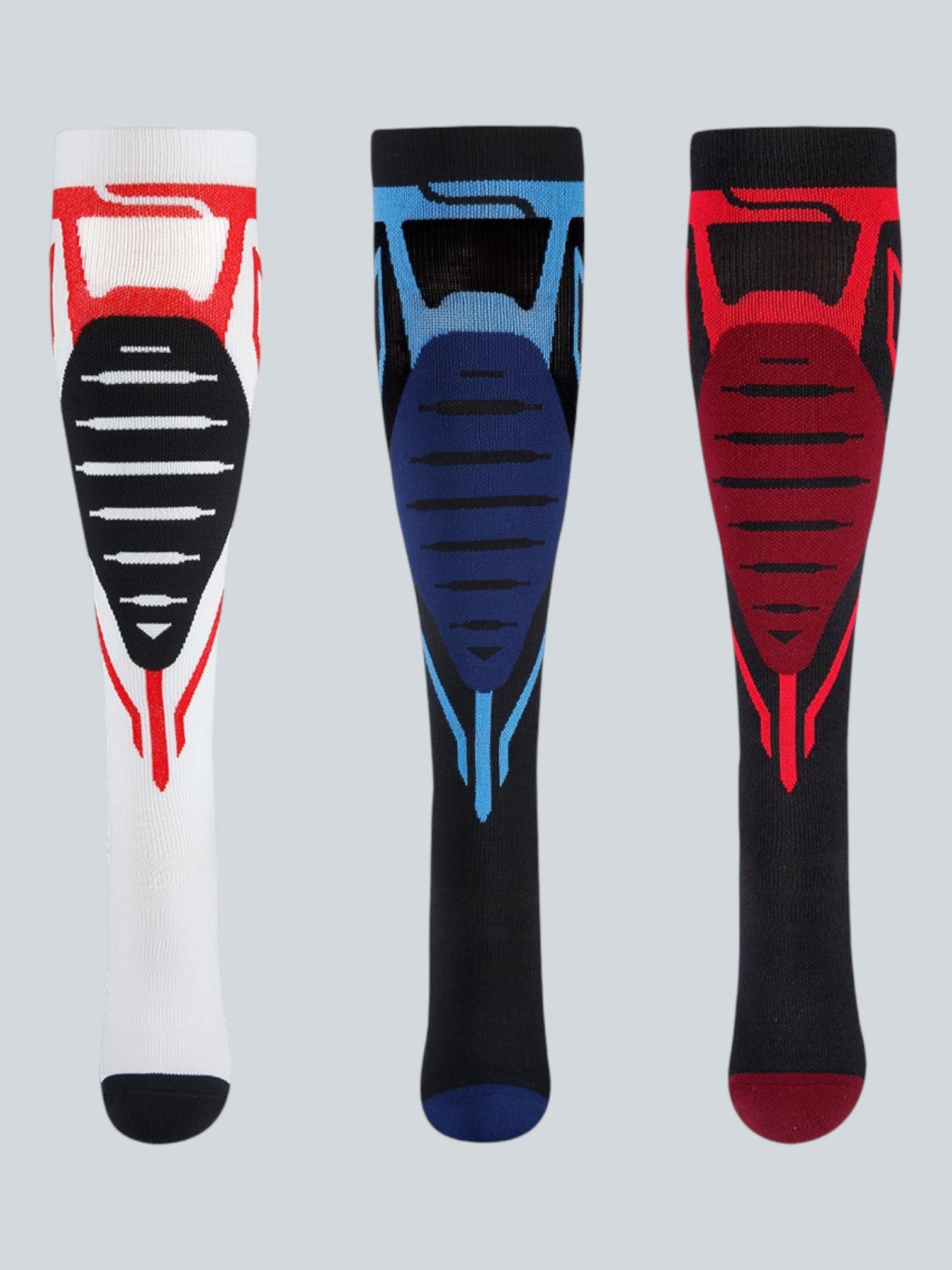 Kotyss knee-high compression socks in white, blue, and black with seamless, breathable athletic padding.