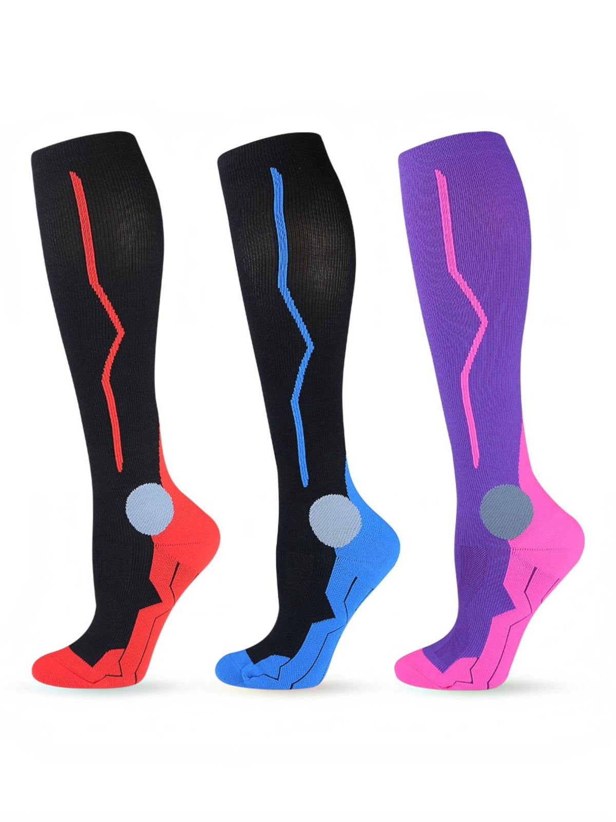 Kotyss knee high compression socks in black-red, black-blue, and purple-pink with seamless breathable athletic design.
