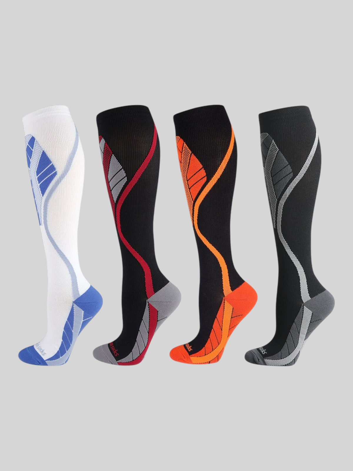 Kotyss unisex knee-high compression socks in four colorways with seamless, breathable athletic design.