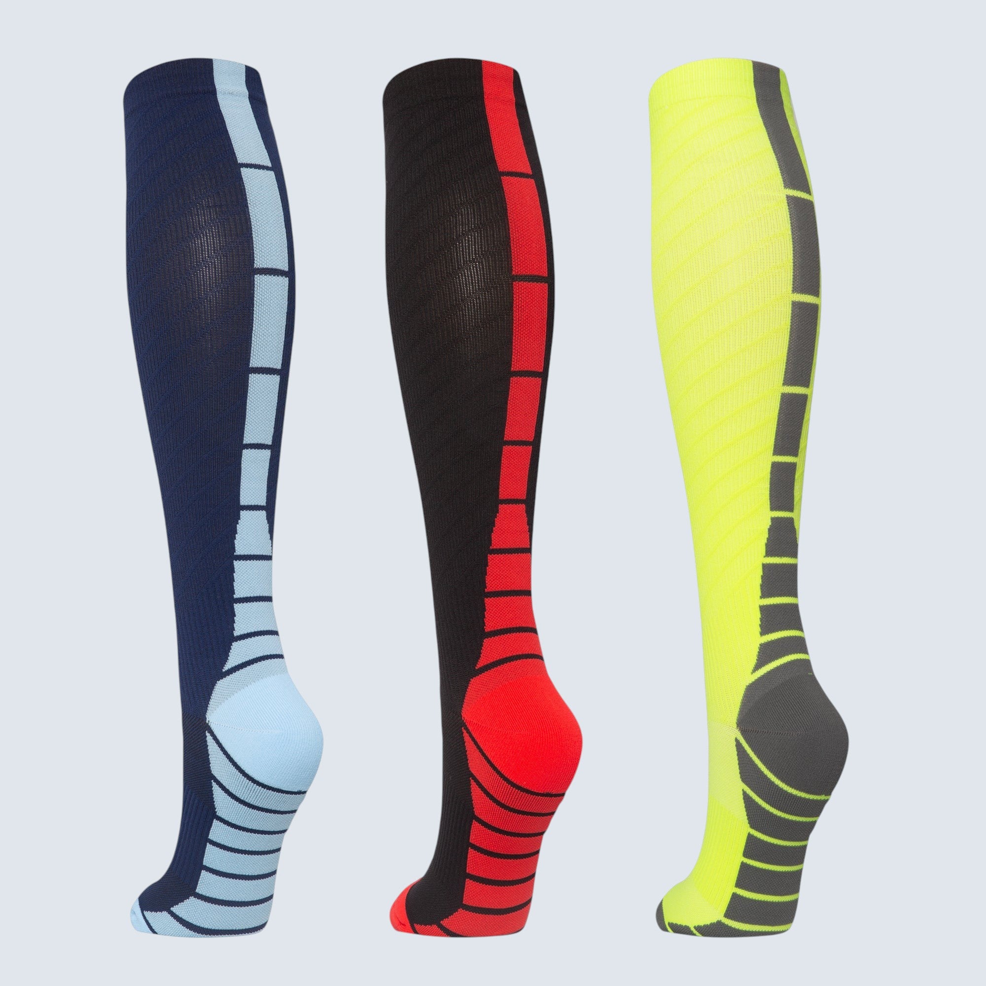 Kotyss knee high compression socks in navy, black, and neon yellow with athletic seamless design and padding.