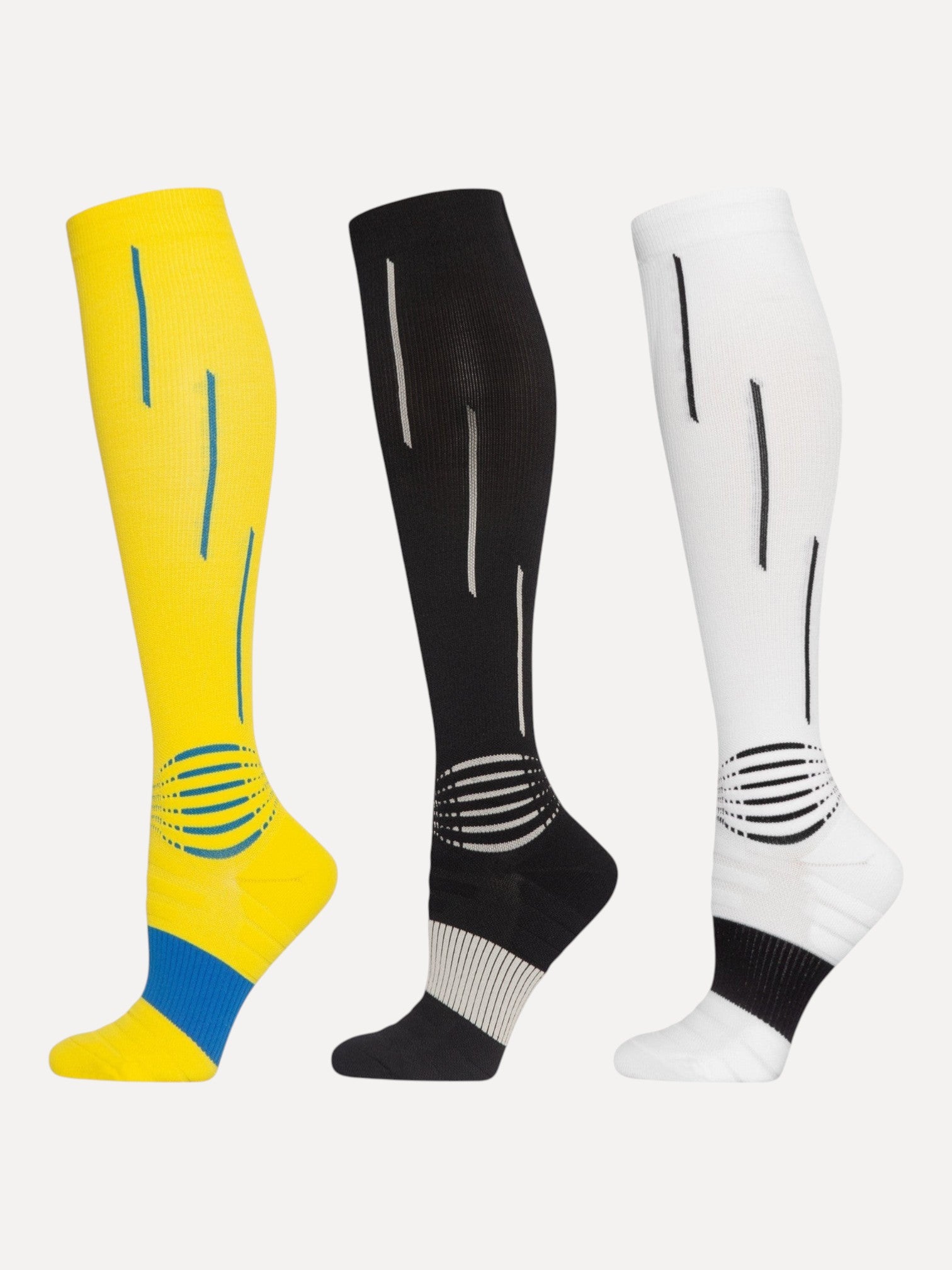 Kotyss unisex knee high compression socks in yellow, black, and white with seamless breathable athletic design