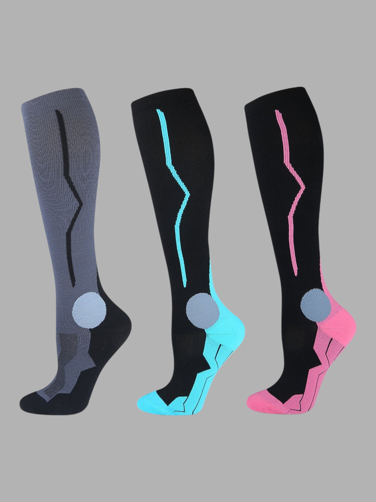 Kotyss performance athletic knee high compression socks in grey, black-blue, and black-pink with seamless design.