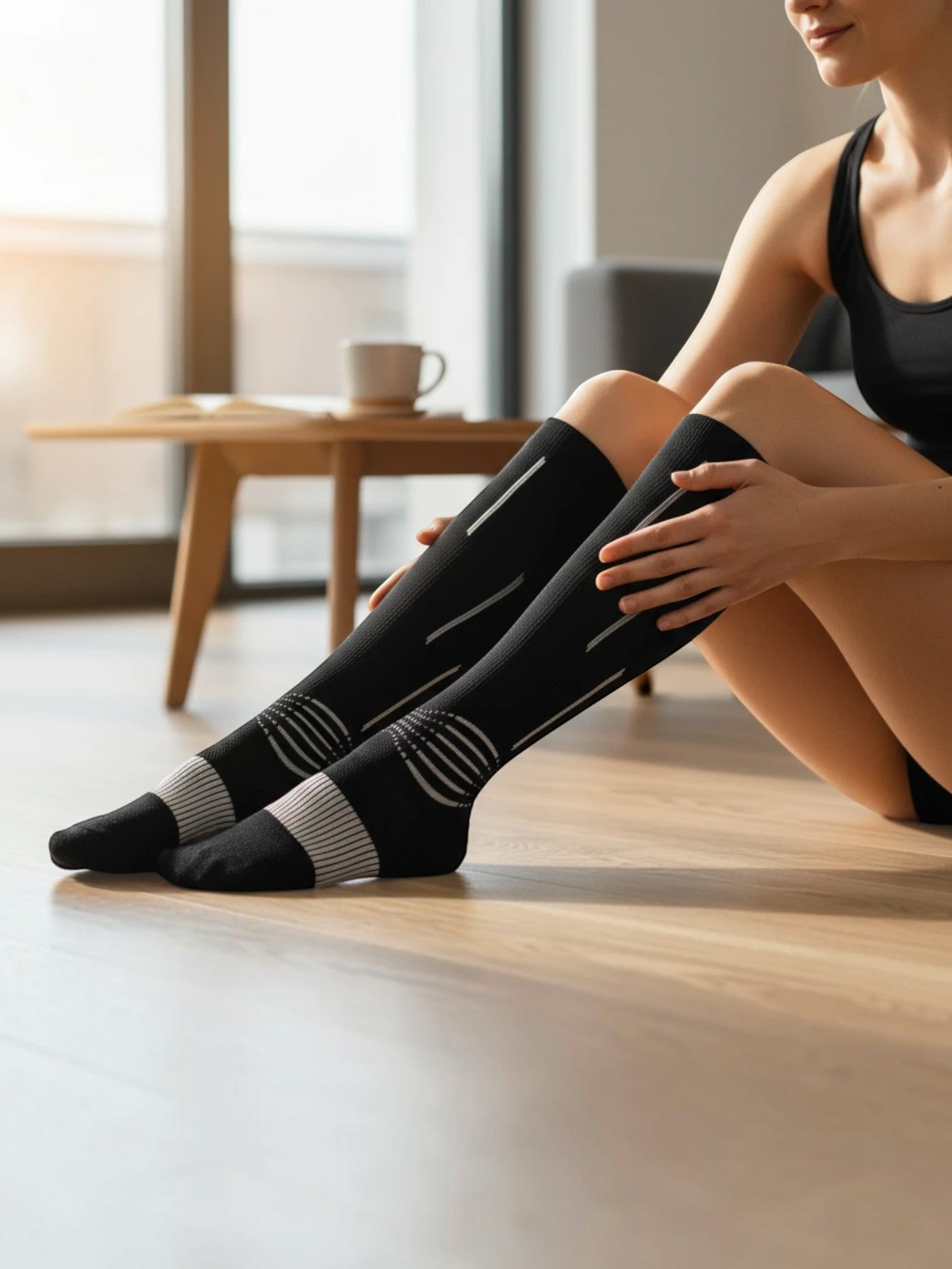Kotyss performance athletic compression knee-high socks in black with white detailing worn by a woman on a floor