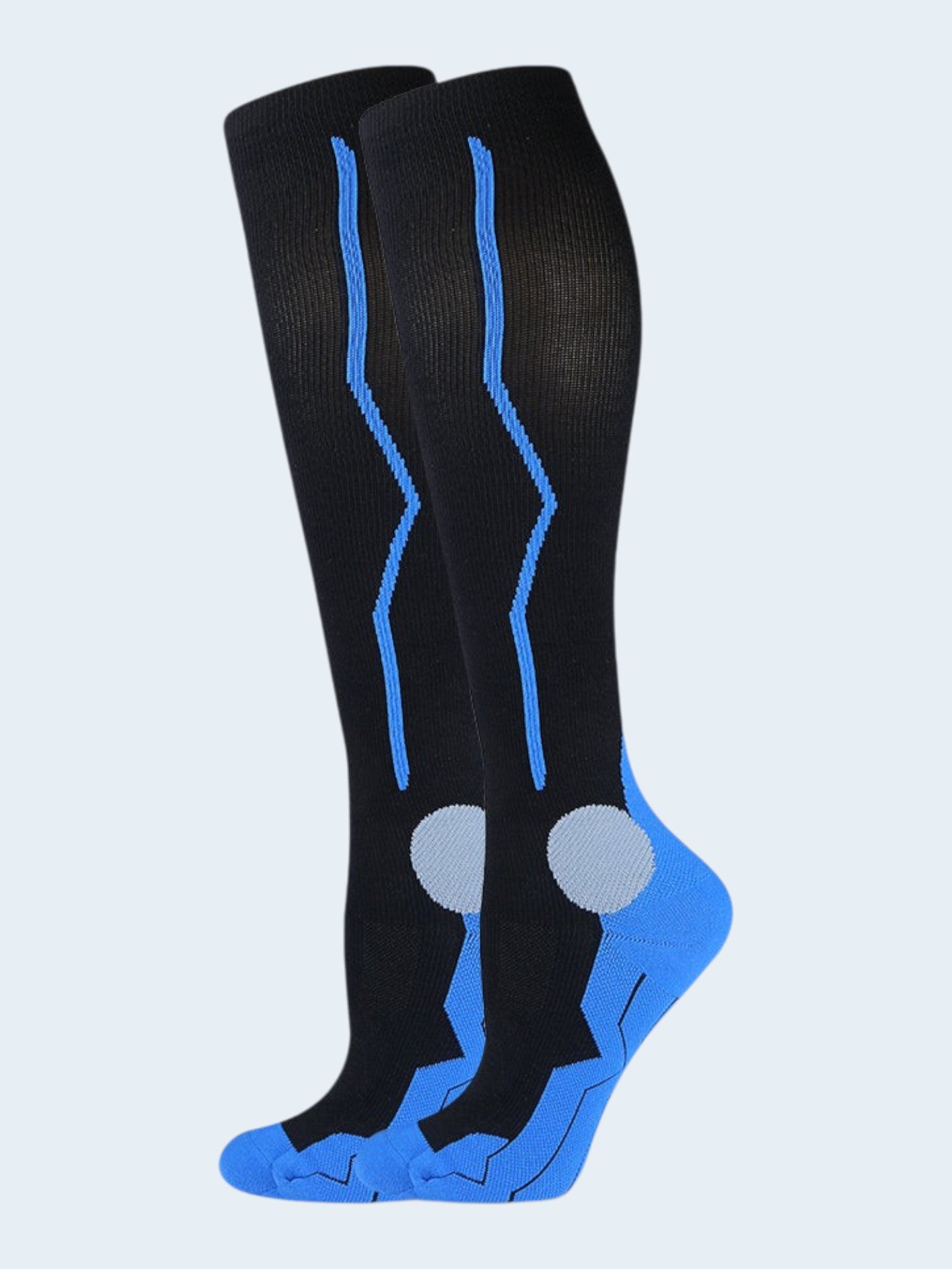 Kotyss black and blue knee high compression socks with seamless design, breathable nylon fabric, and padded heels.