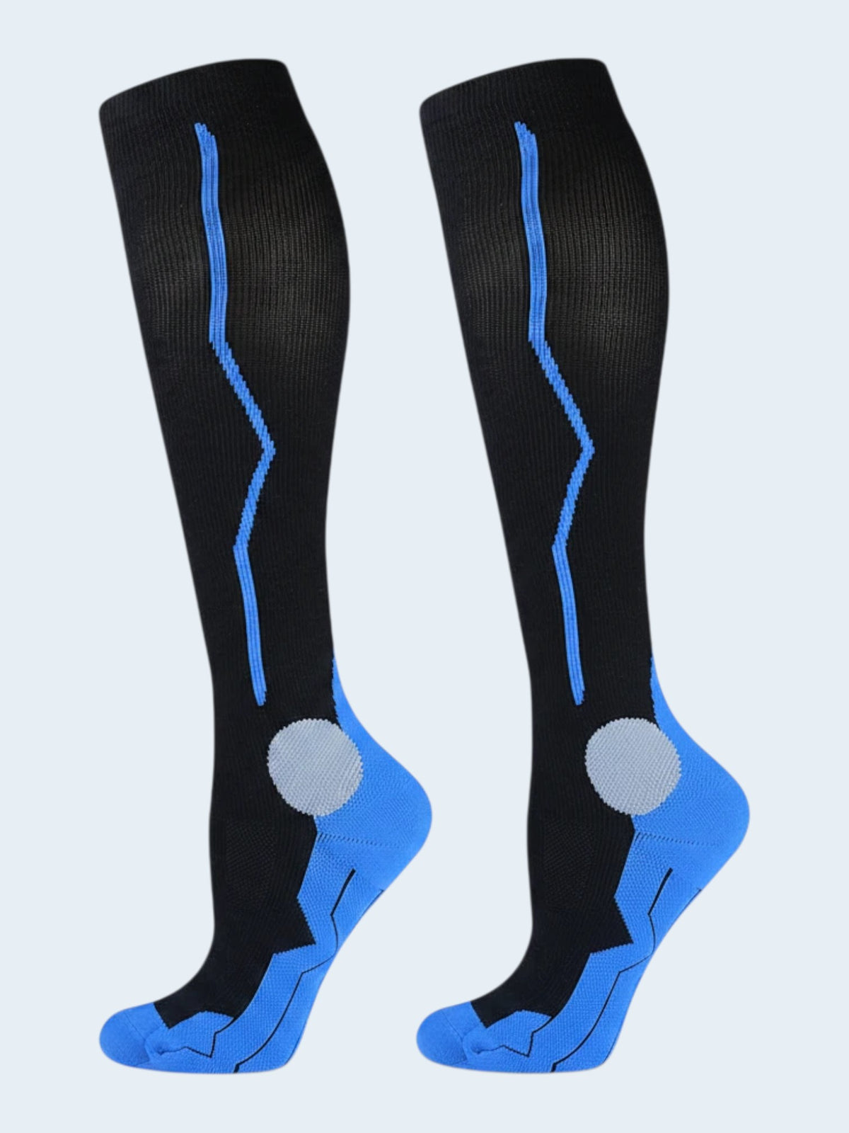 Kotyss black and blue knee-high compression socks with seamless design and padded heel and toe support