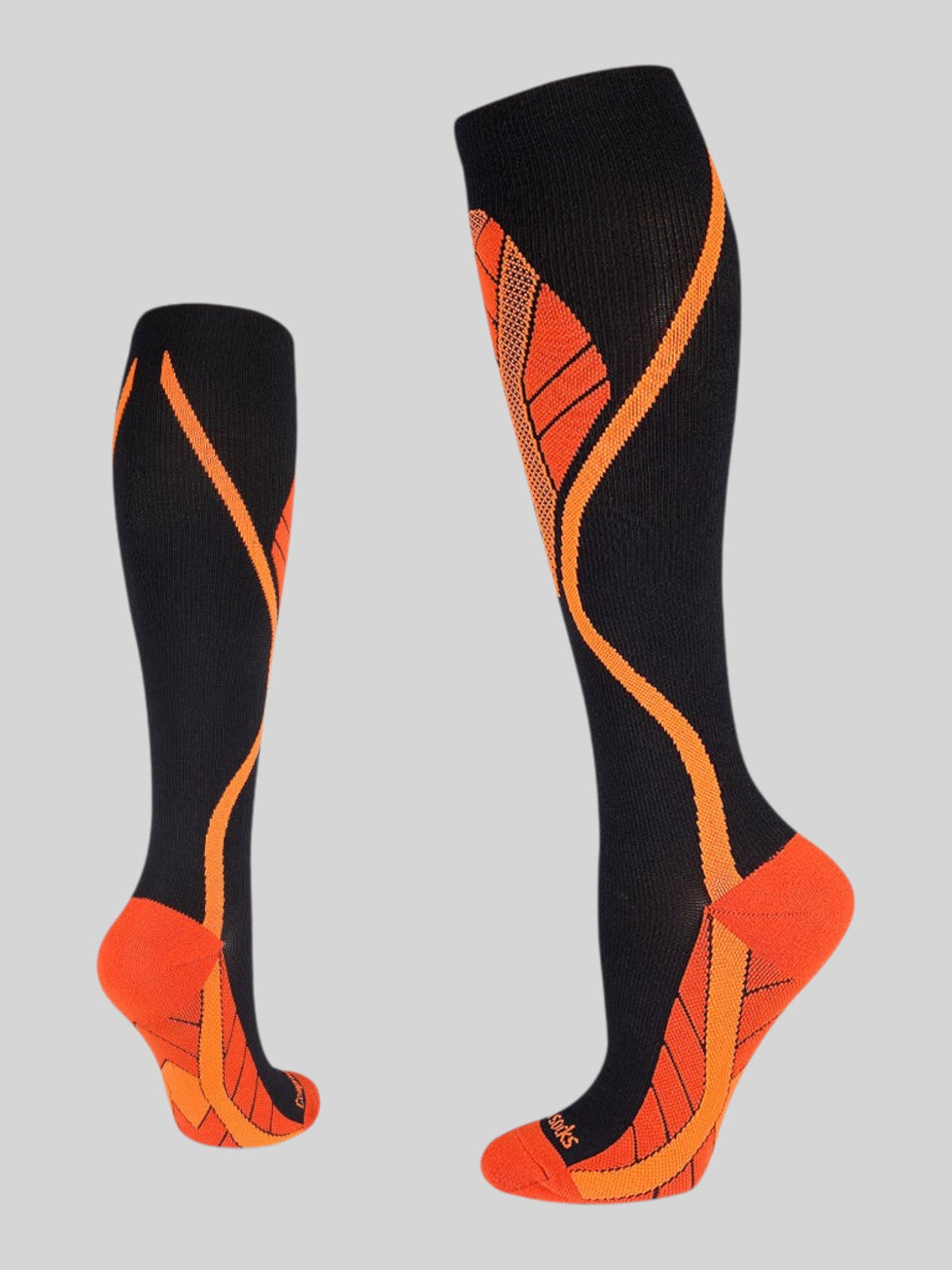 Kotyss black and orange knee-high compression socks with seamless breathable fabric and padded heel and toe support
