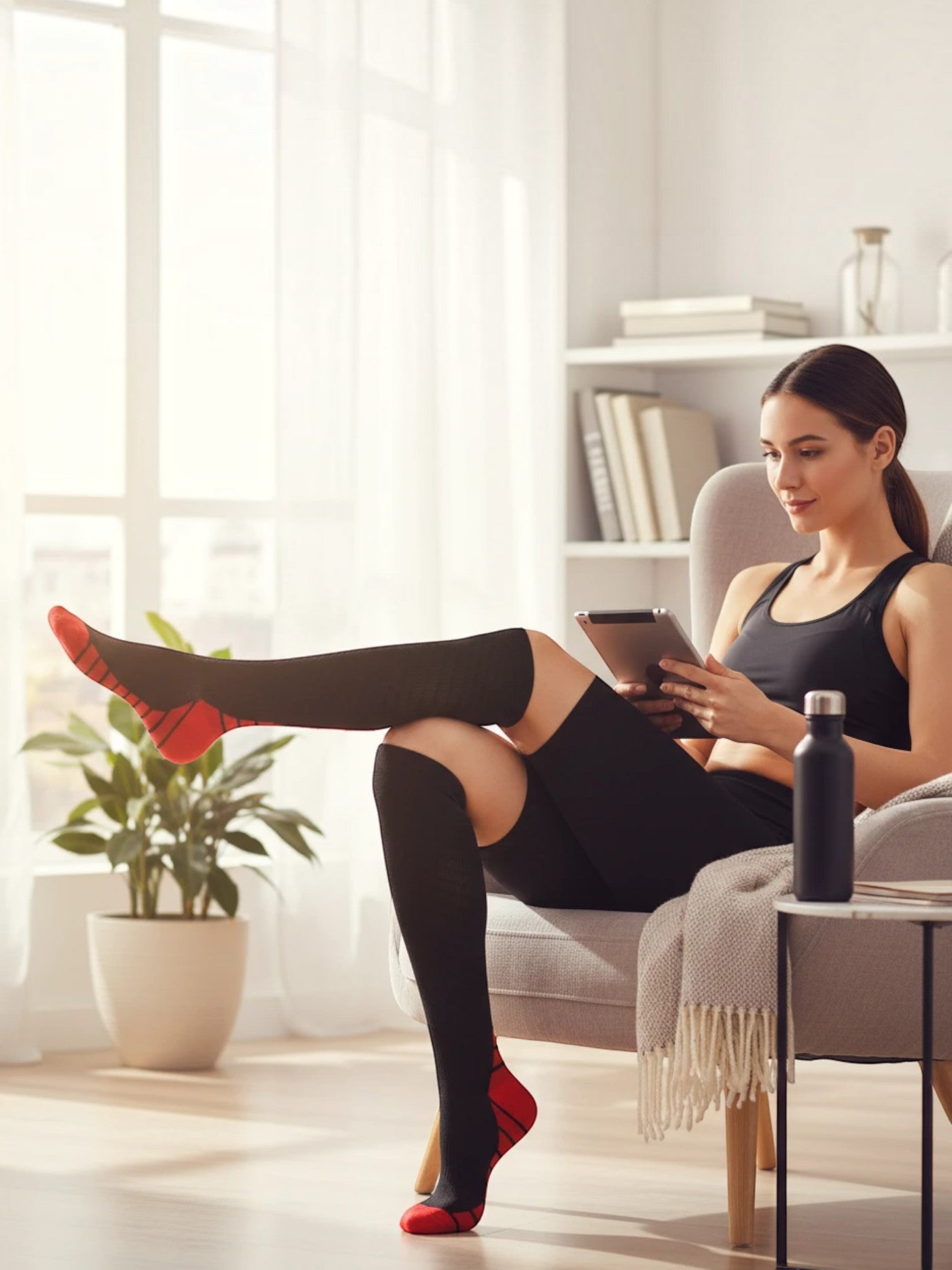 Woman wearing Kotyss black and red knee-high compression socks while relaxing in a chair with a tablet.