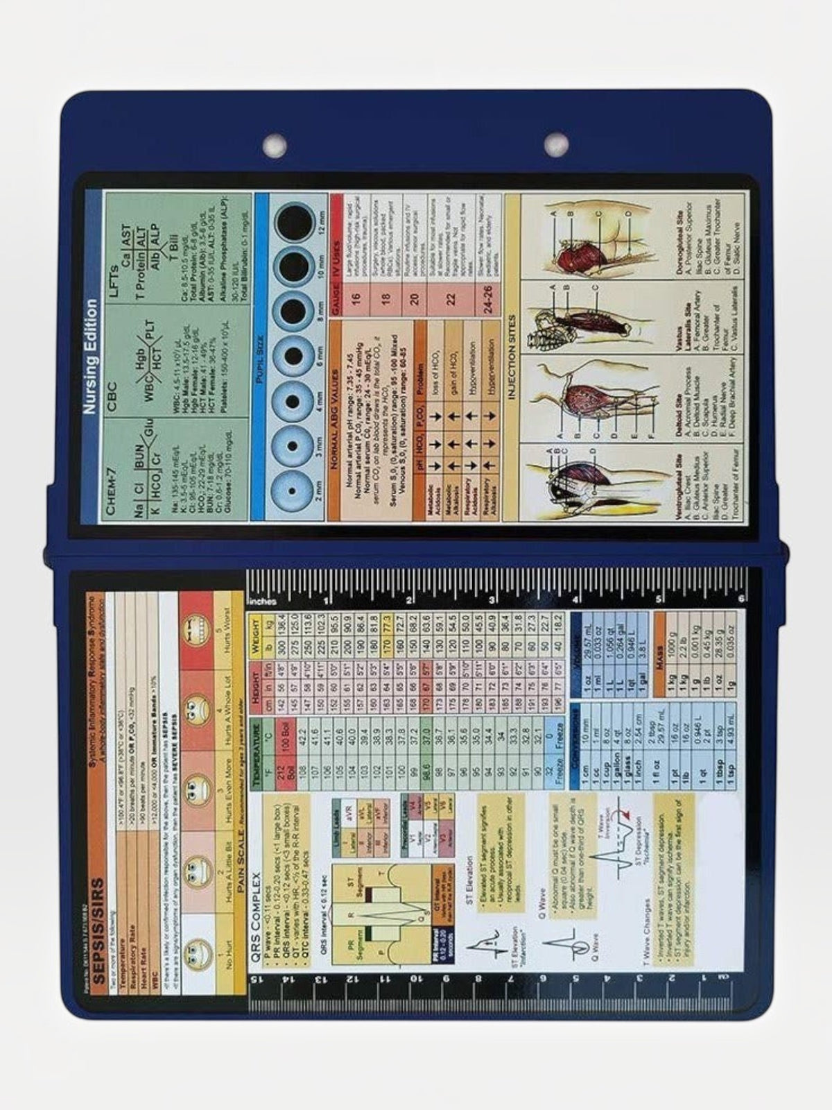 Kotyss blue foldable aluminum nursing clipboard with medical reference charts printed on the interior surface