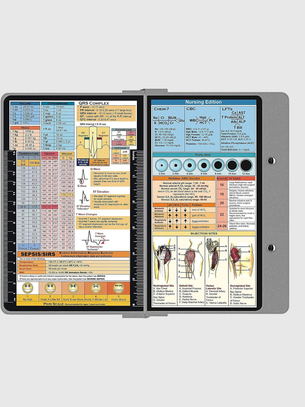 Kotyss foldable aluminum clipboard with medical reference charts for nurses and doctors on a grey metal surface.