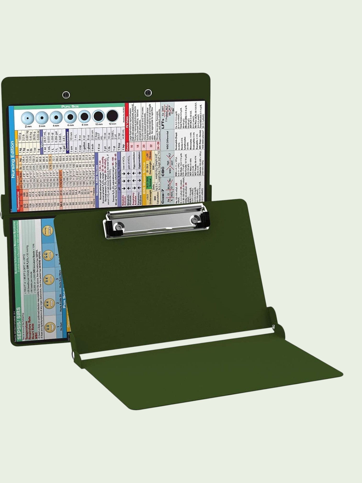 Kotyss foldable green aluminum medical clipboard with printed nursing reference charts and pupil size guide