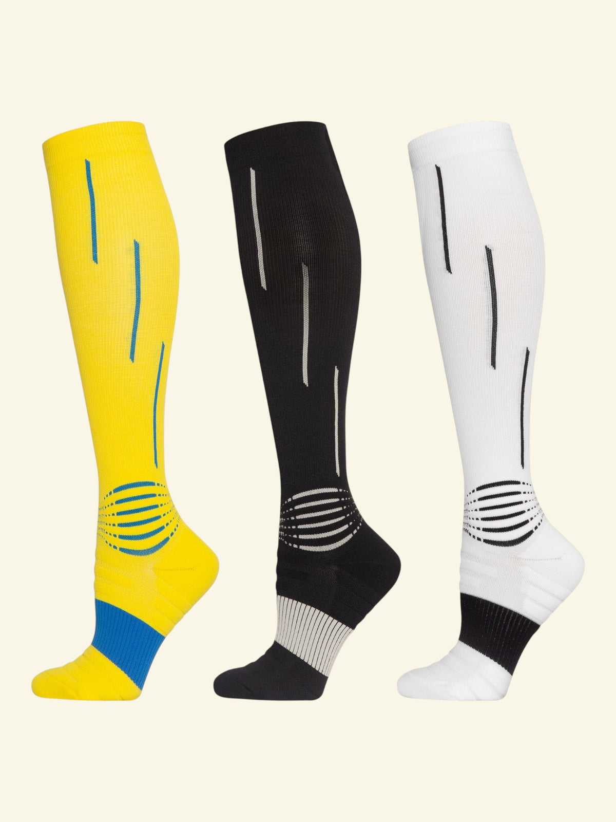 Kotyss knee-high compression socks in yellow, black, and white with seamless breathable fabric and padded support.
