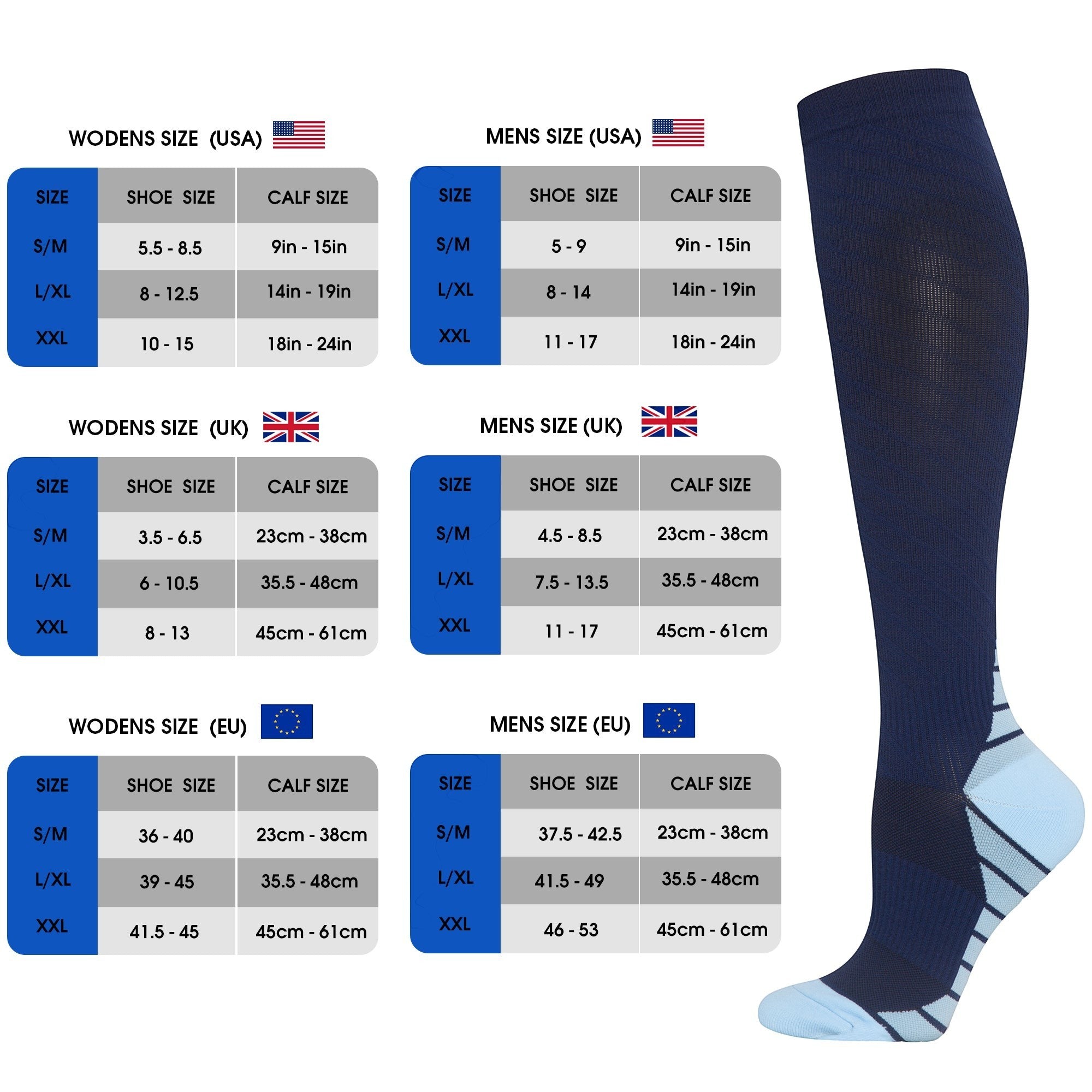 Kotyss navy blue knee high compression socks with light blue heel and toe padding next to a detailed sizing chart.