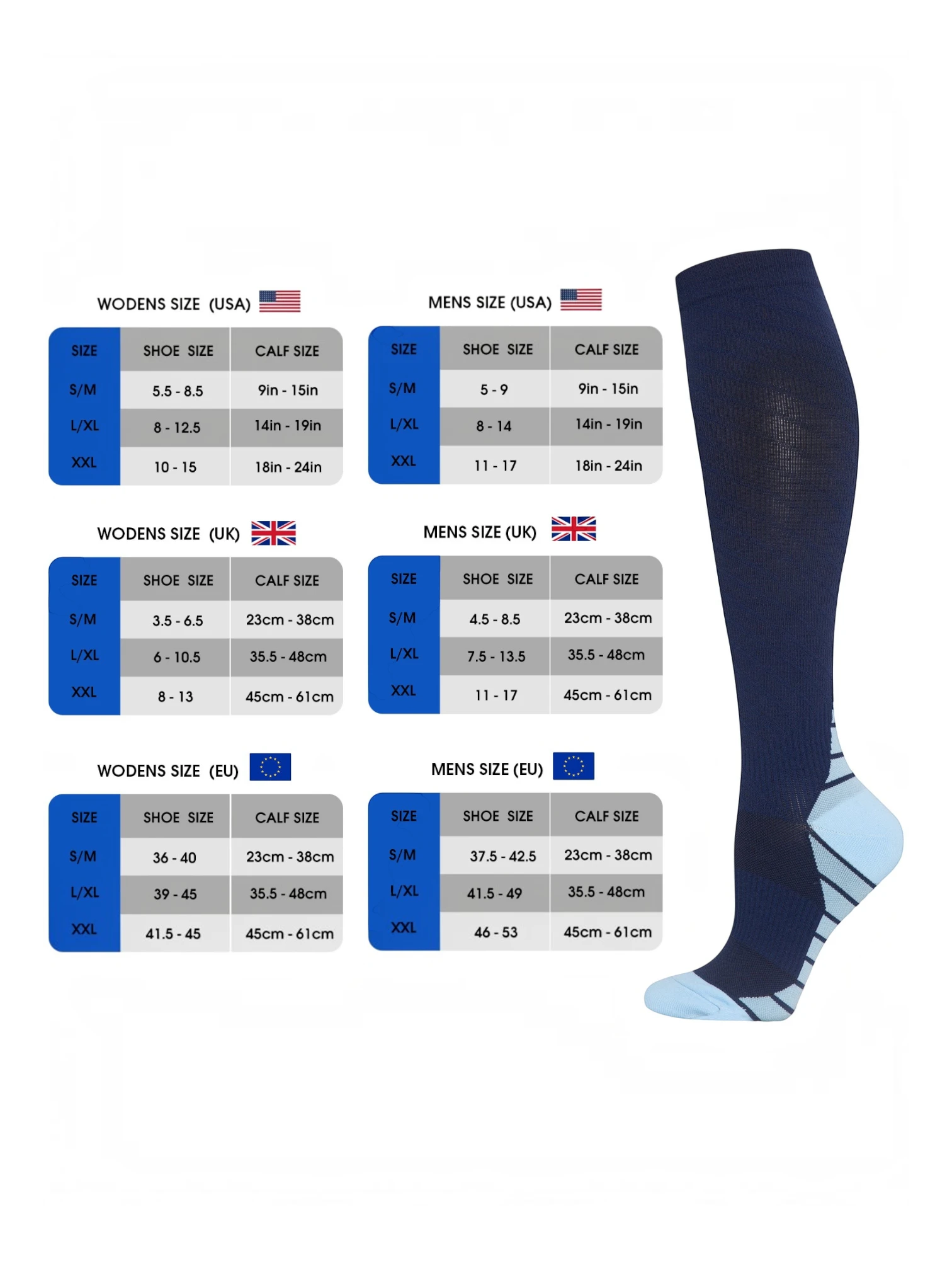 Kotyss navy blue knee high compression socks with light blue heel and toe detail next to a comprehensive sizing chart