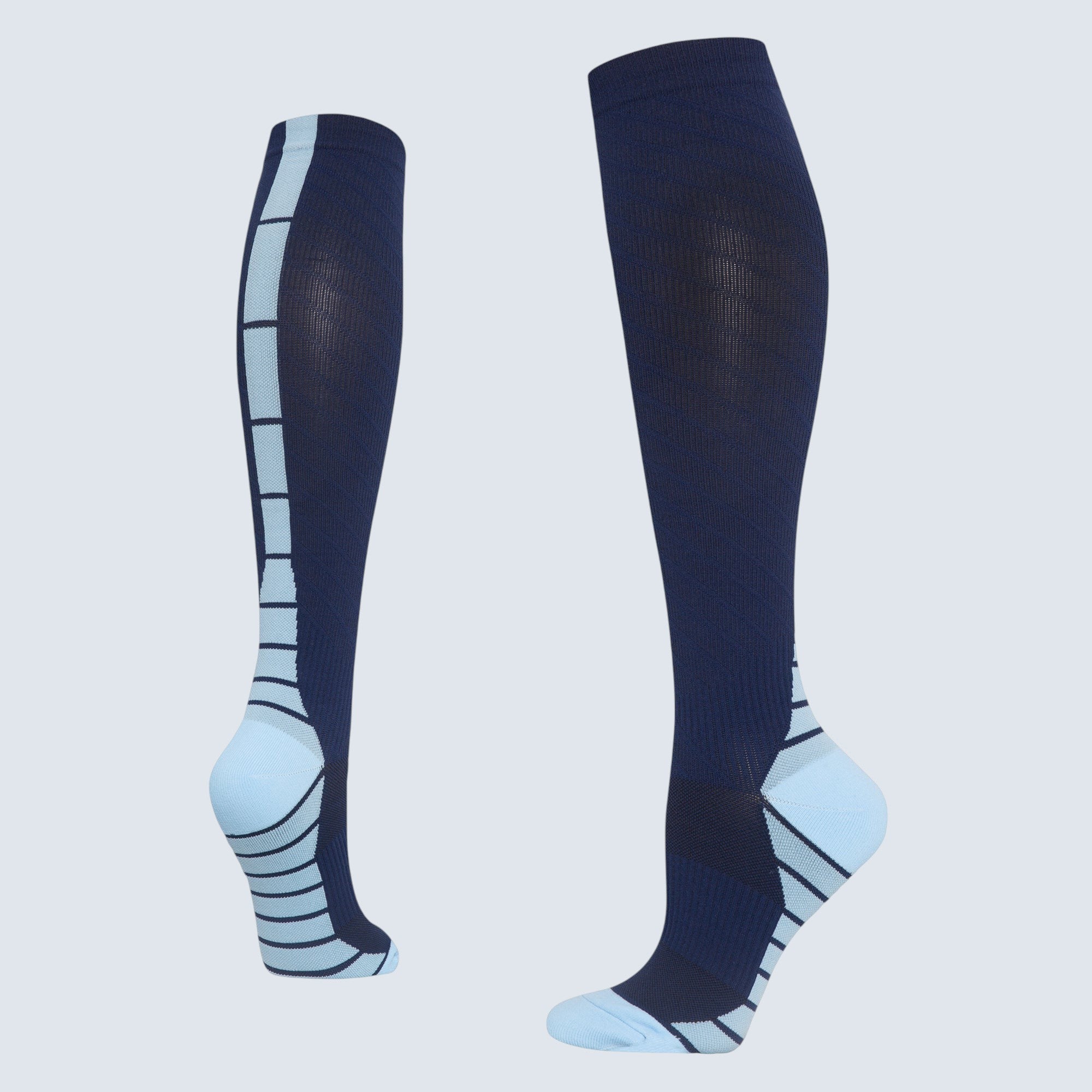 Kotyss navy and light blue knee-high compression socks with seamless design and targeted padding for athletic support.
