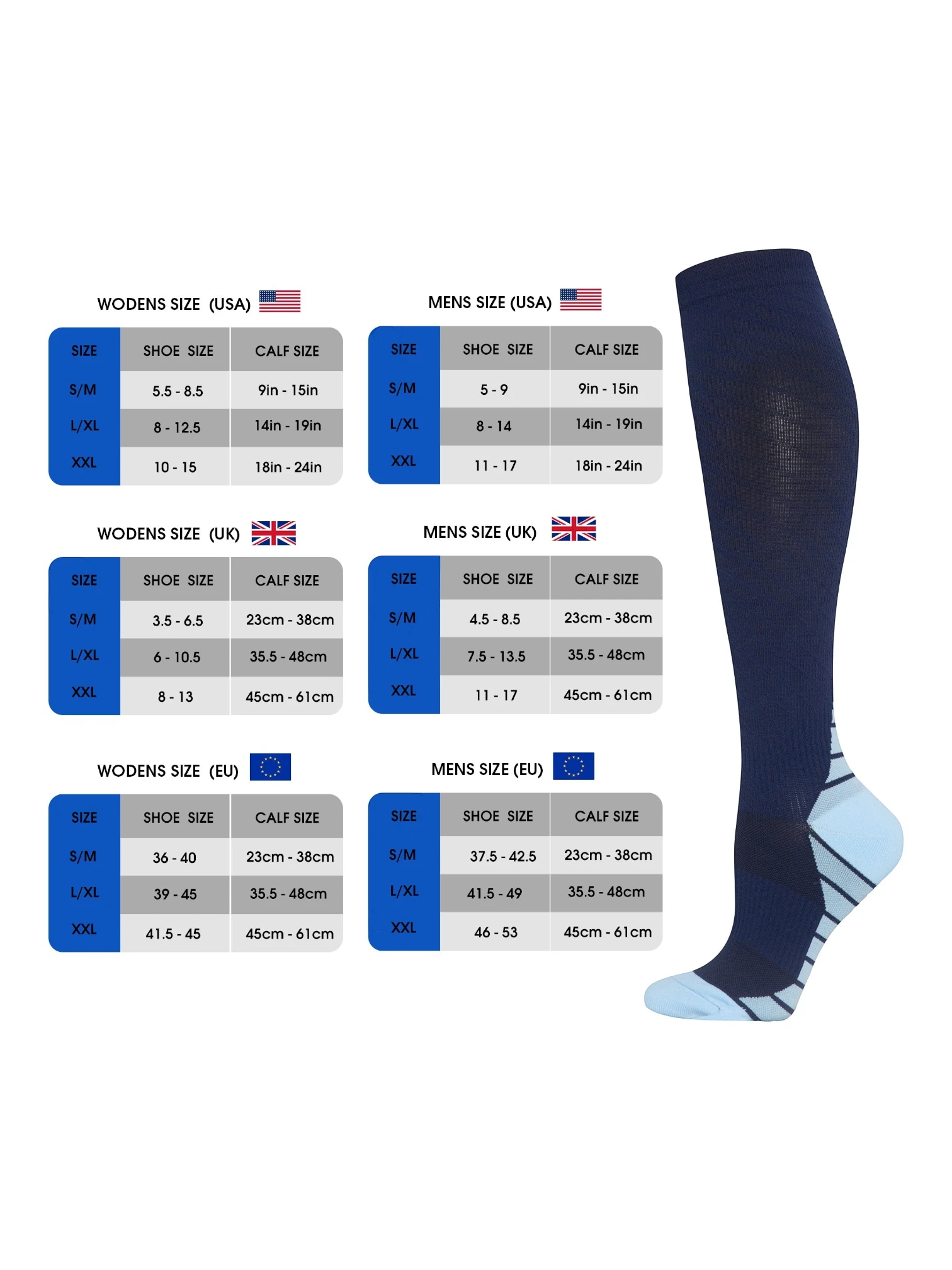 Kotyss navy blue knee high compression socks with light blue heel and toe padding next to a sizing chart.