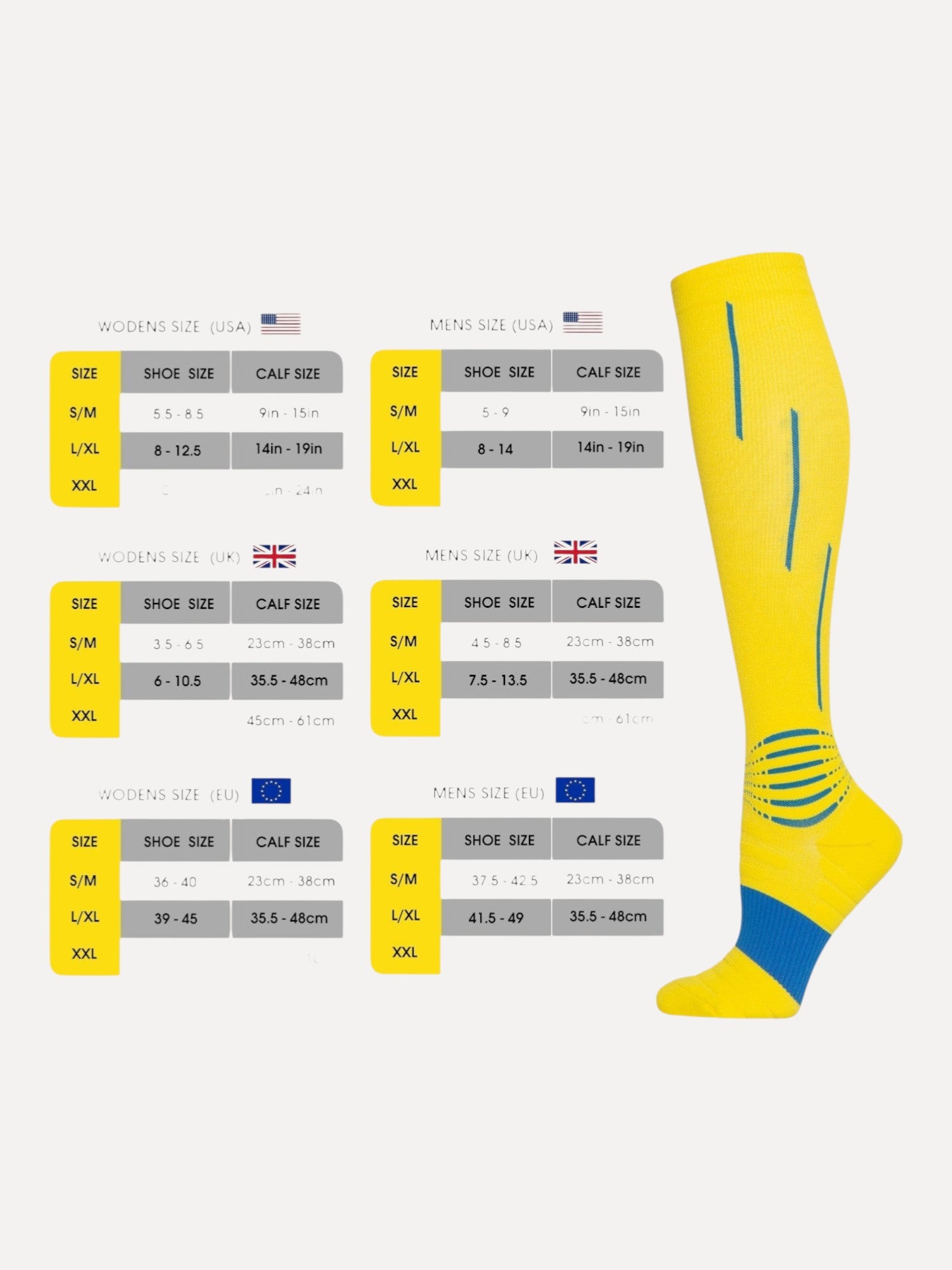Kotyss yellow knee high compression socks with blue accents and size chart overlay for athletic support