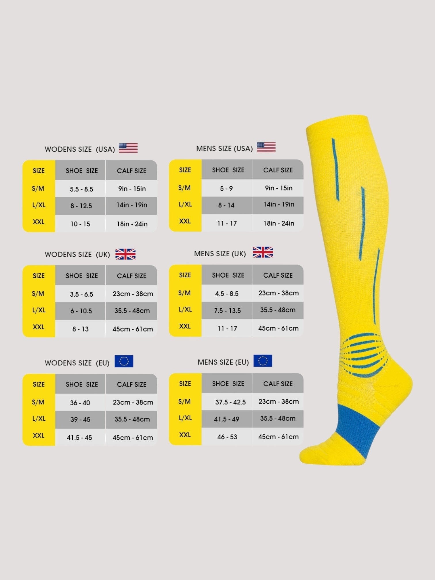 Kotyss performance athletic compression knee high socks in yellow with blue accents and a detailed size guide chart