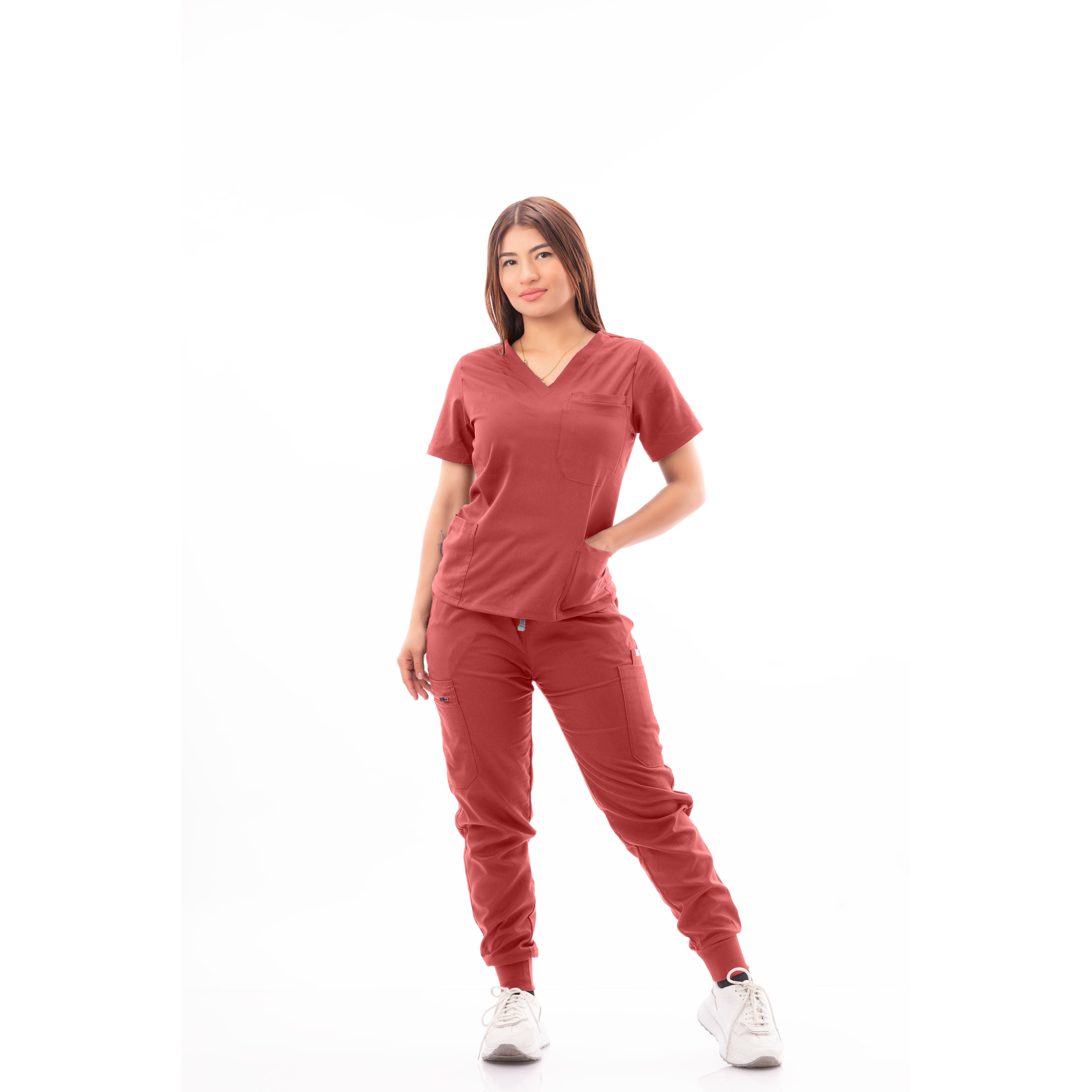 Multi-Pocket V-Neck Top and Scrub Jogger