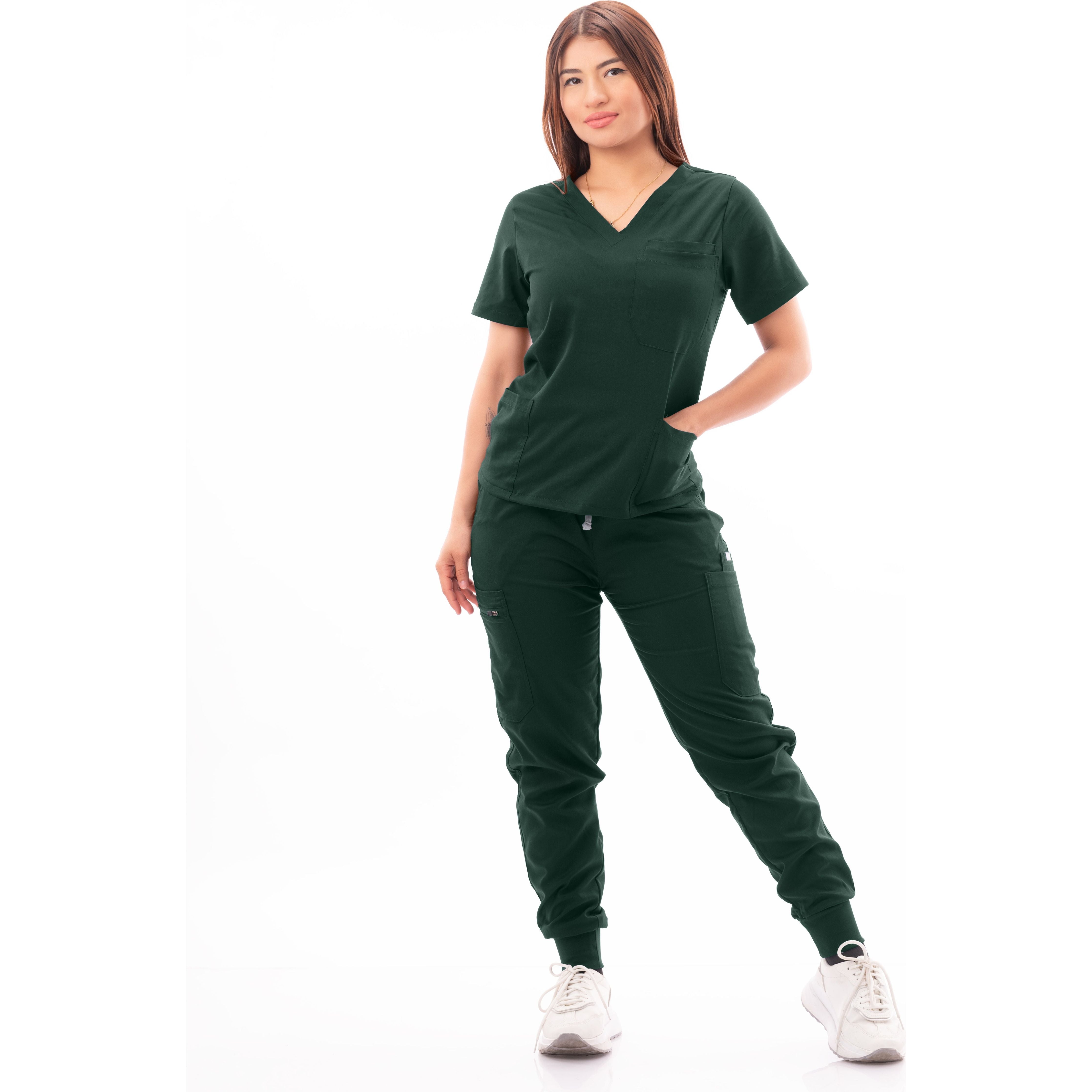 Multi-Pocket V-Neck Top and Scrub Jogger