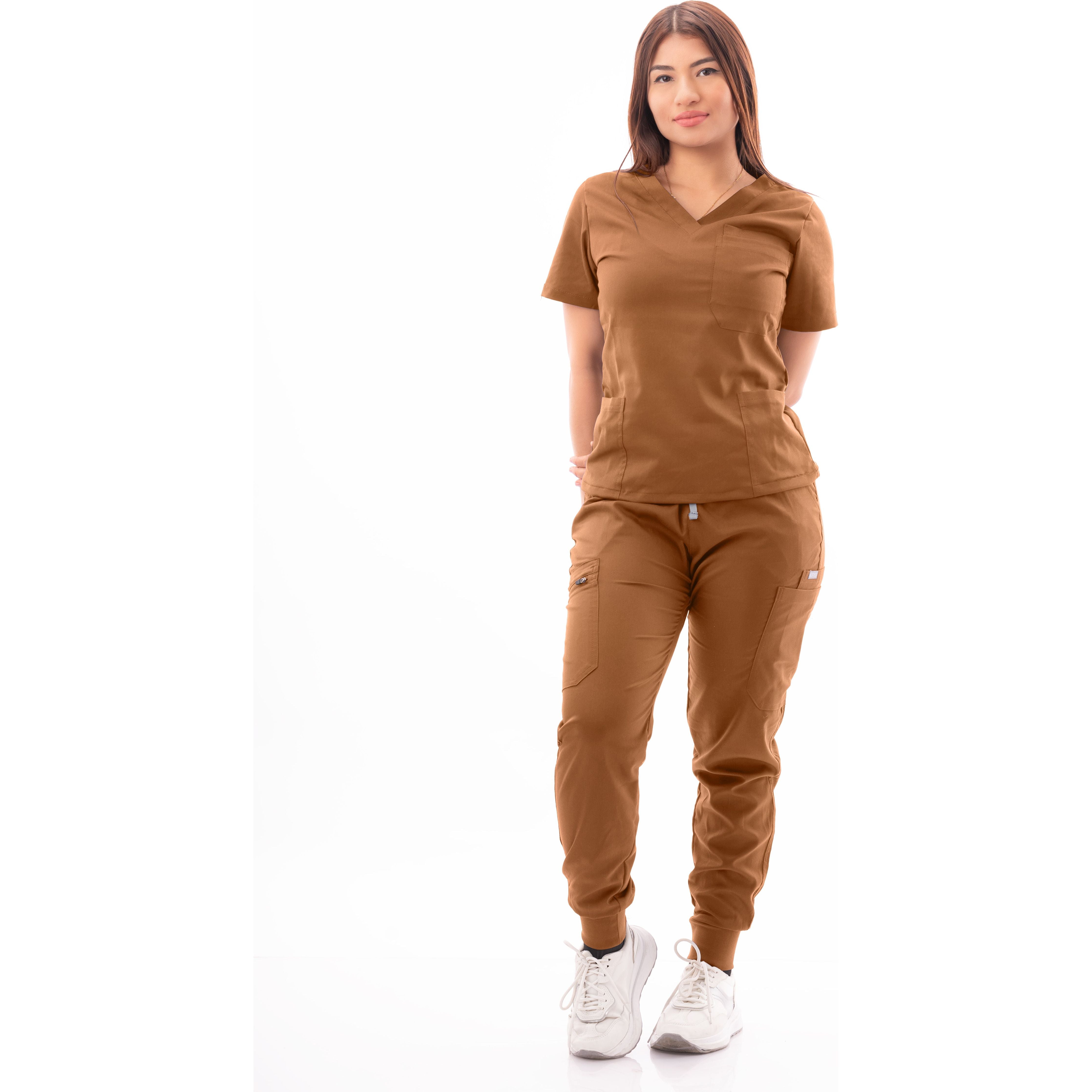 Multi-Pocket V-Neck Top and Scrub Jogger