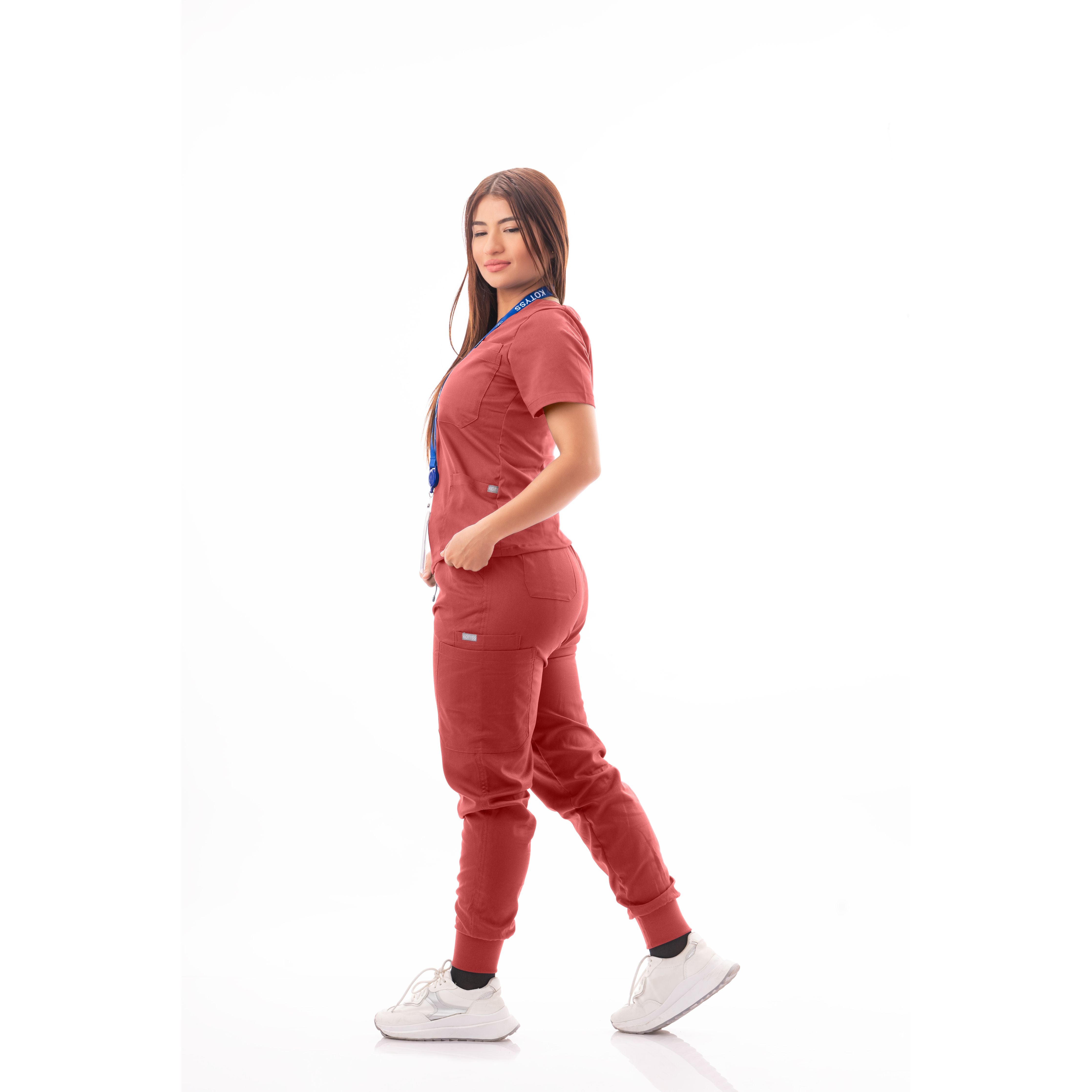 Multi-Pocket V-Neck Top and Scrub Jogger