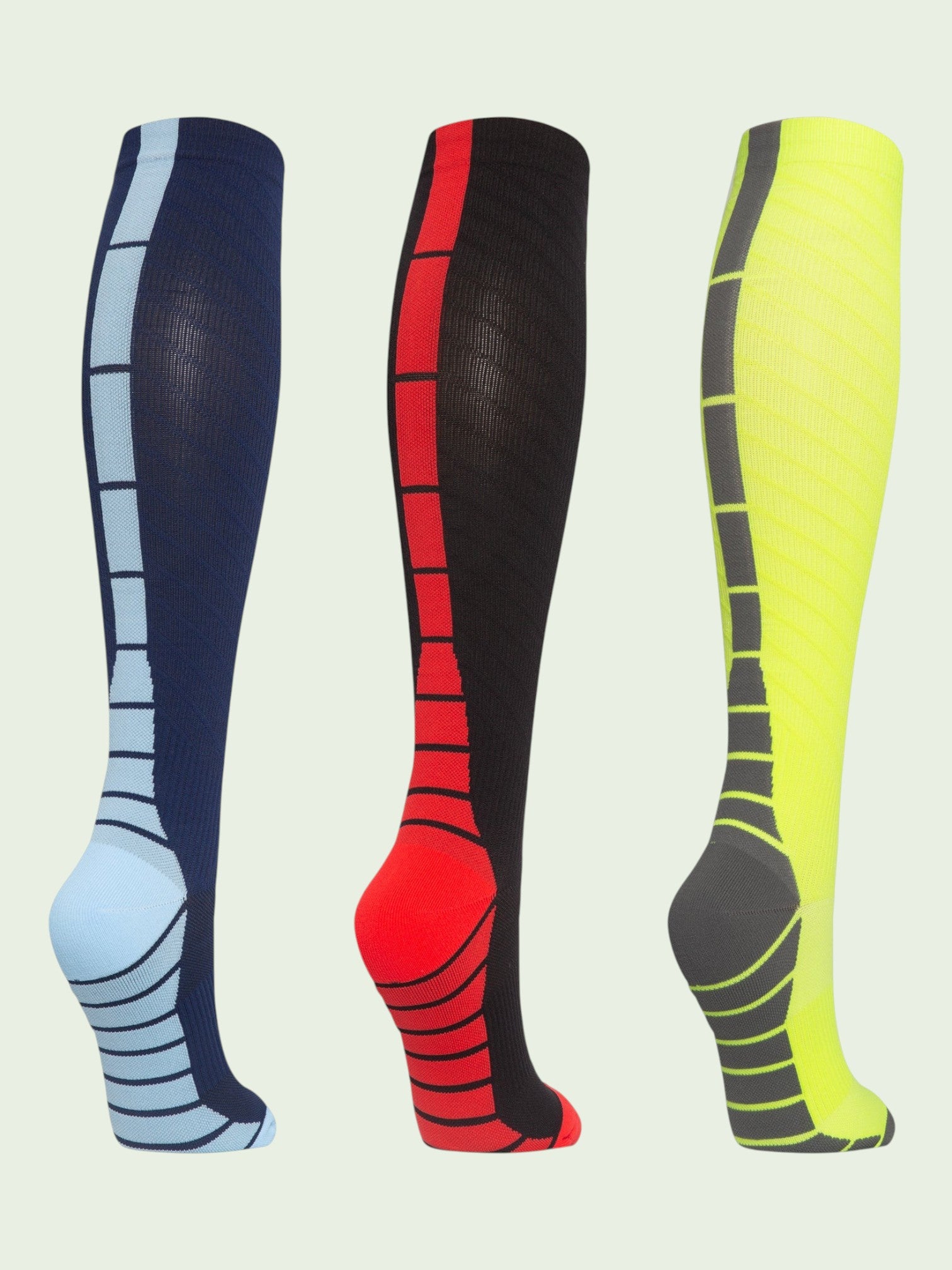 Kotyss unisex knee-high compression socks in navy, black, and neon yellow with seamless breathable athletic design.