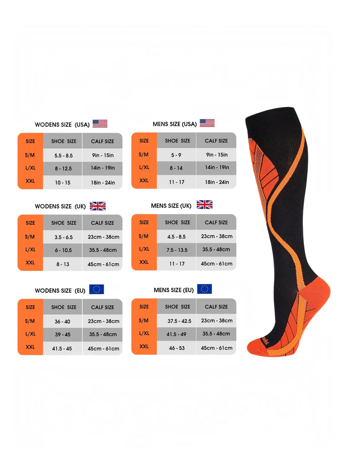 Kotyss performance athletic compression knee high socks in black and orange with a size guide chart.