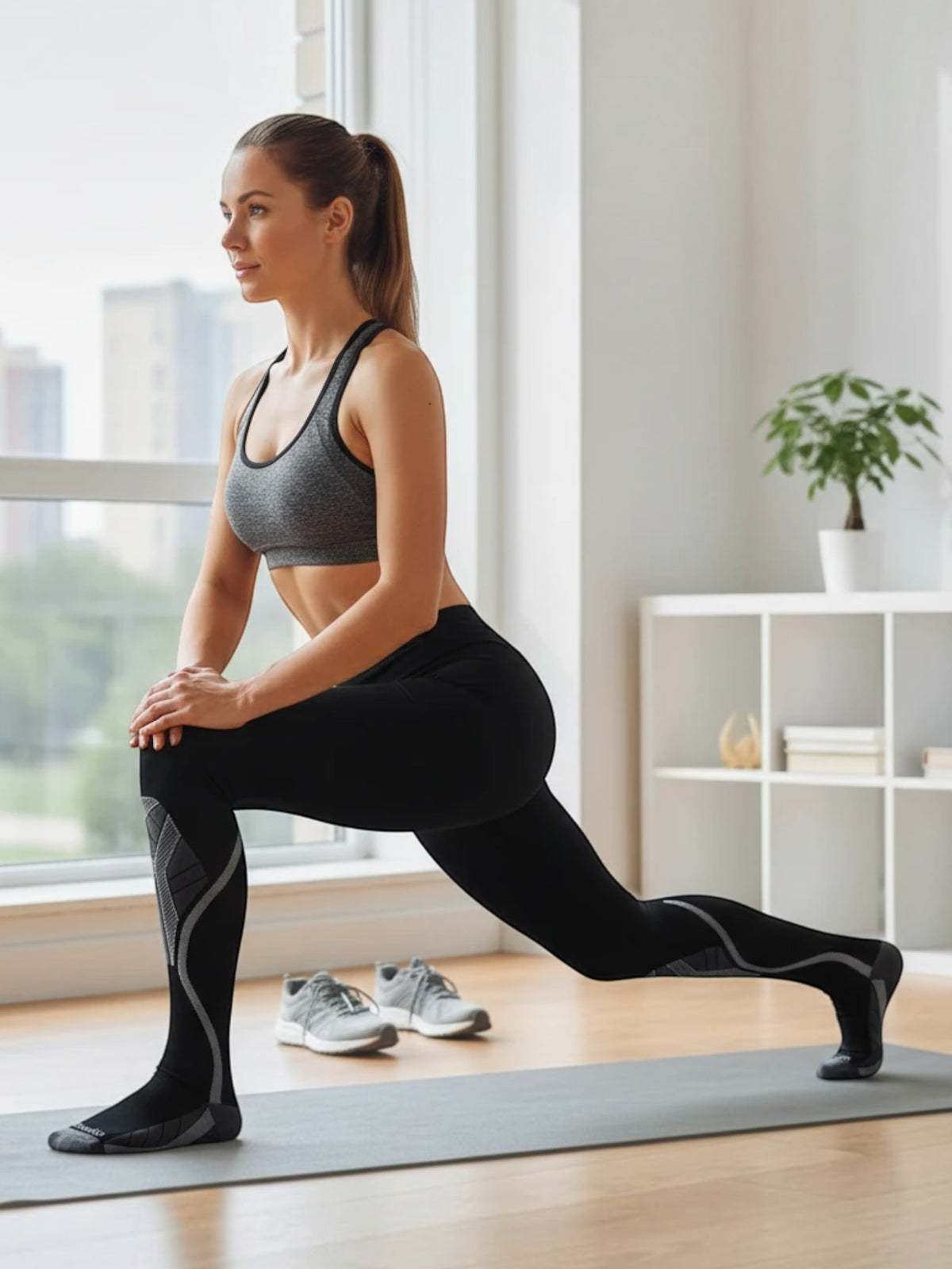 Woman in athletic wear doing lunges wearing Kotyss knee-high compression socks with black and grey pattern