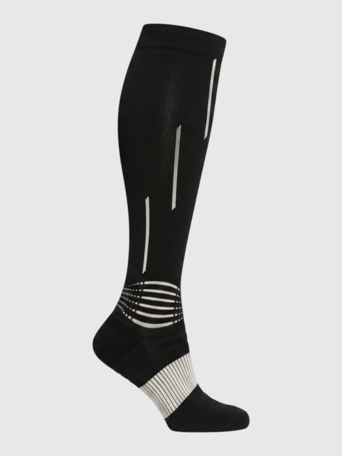 Kotyss black athletic compression knee-high socks with white geometric patterns and reinforced arch support