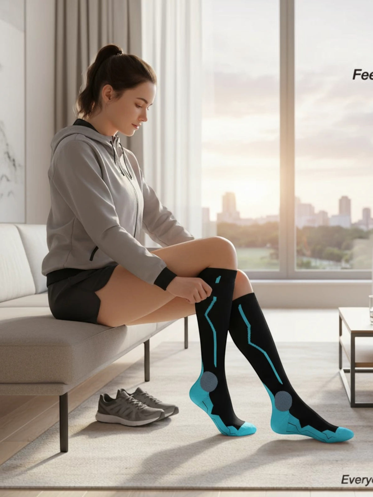 A woman sitting on a sofa wearing Kotyss black and blue knee-high compression socks with athletic padding.