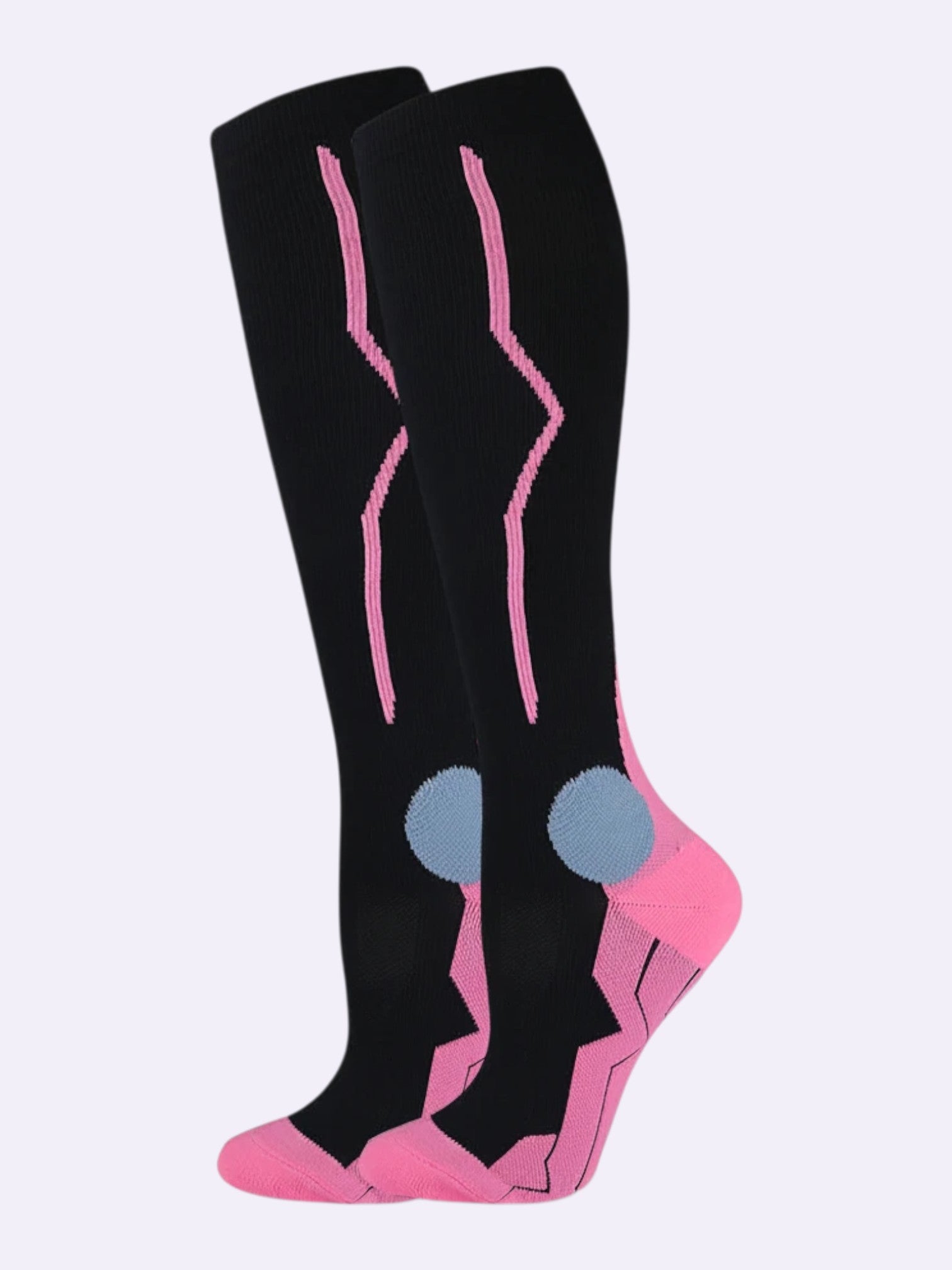 Kotyss black and pink knee-high compression socks with seamless design and cushioned toe and heel support.