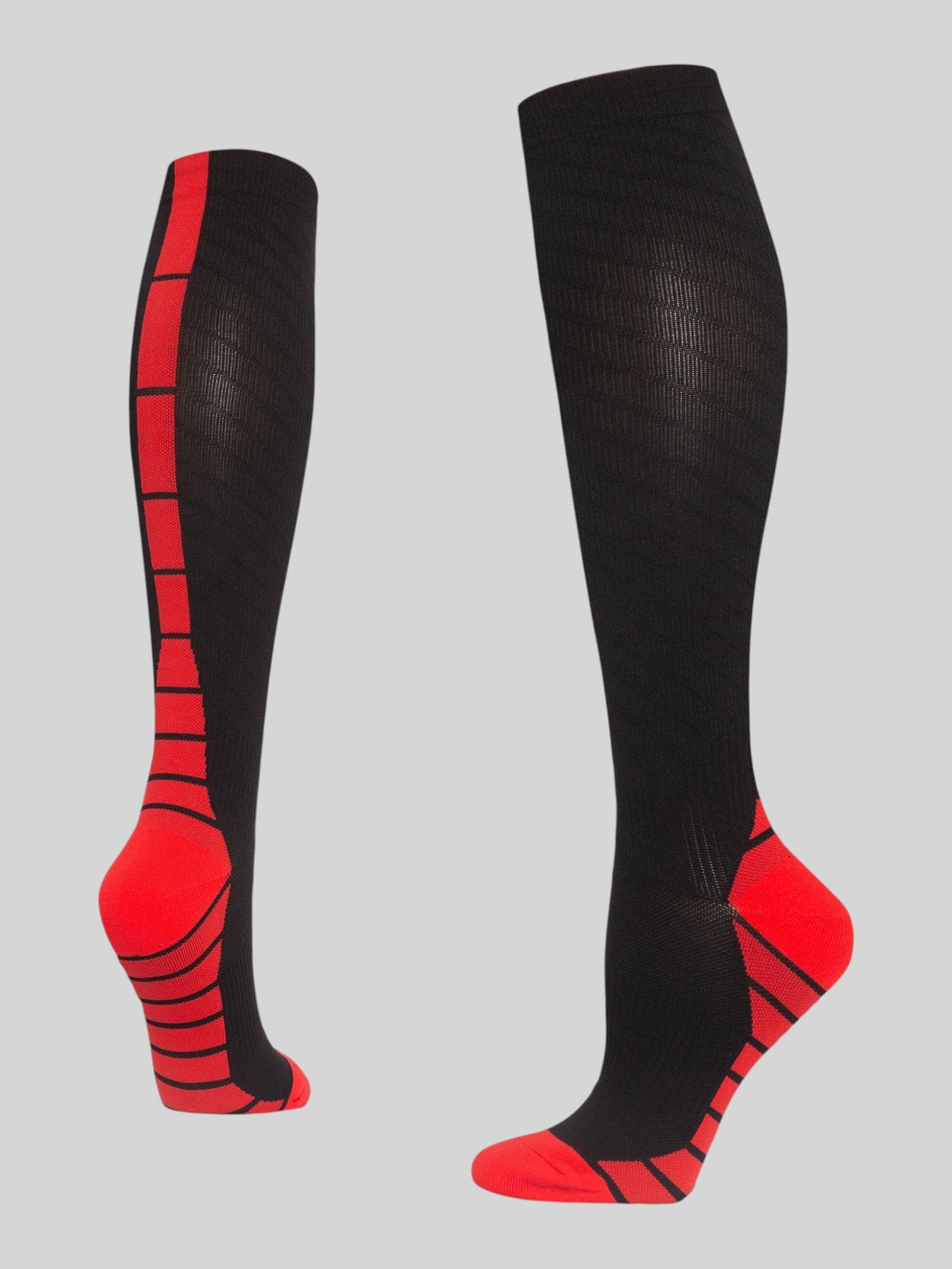 Kotyss unisex knee-high compression socks in black and red with seamless breathable fabric and padded toe support.