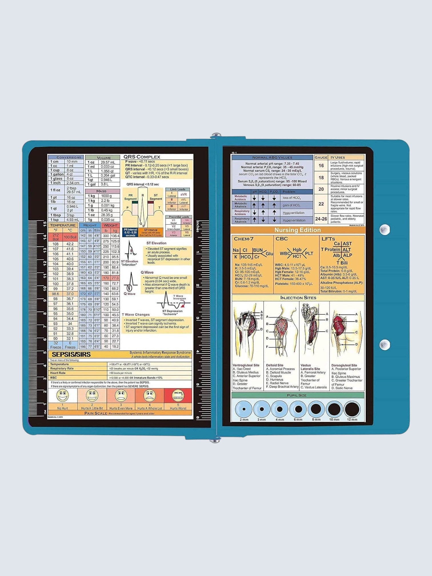Kotyss blue foldable aluminum nursing clipboard featuring medical reference charts and conversion tables for professionals