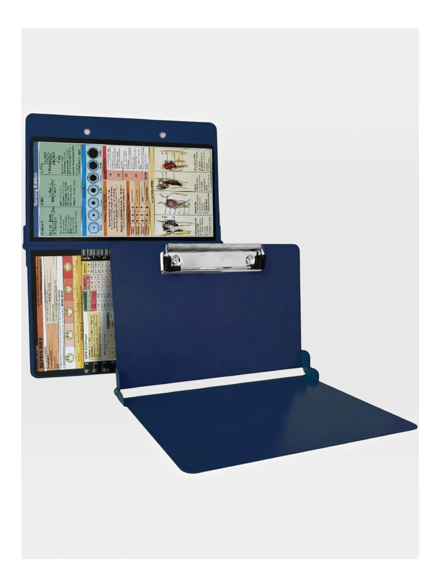 Kotyss blue foldable aluminum nursing clipboard with medical reference charts for doctors and nurses