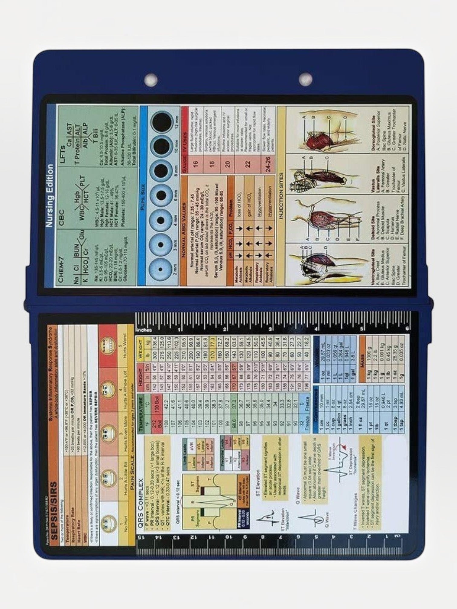 Kotyss blue foldable aluminum nursing clipboard with medical reference charts printed on the interior surface