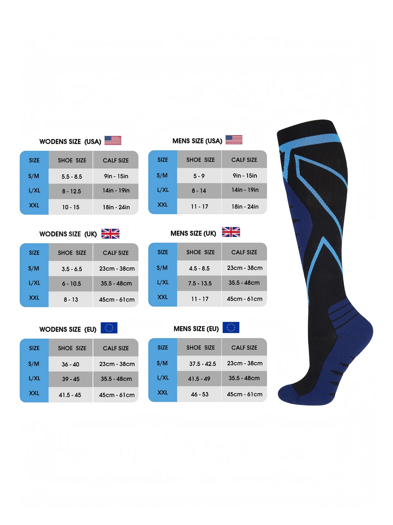 Kotyss knee high compression socks in black and blue with a size chart for men and women