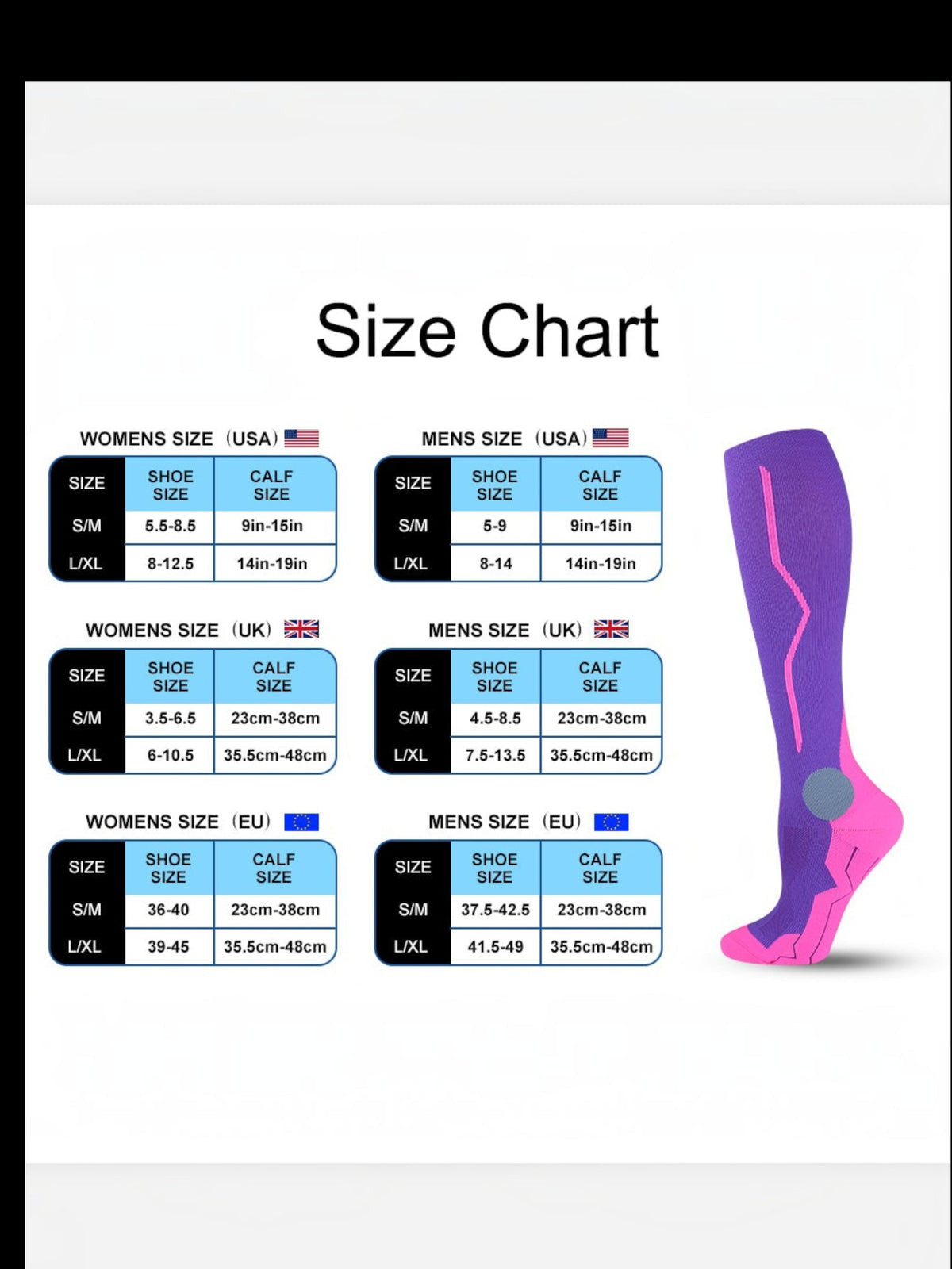Kotyss performance athletic compression knee high socks size chart for men and women with purple and pink design