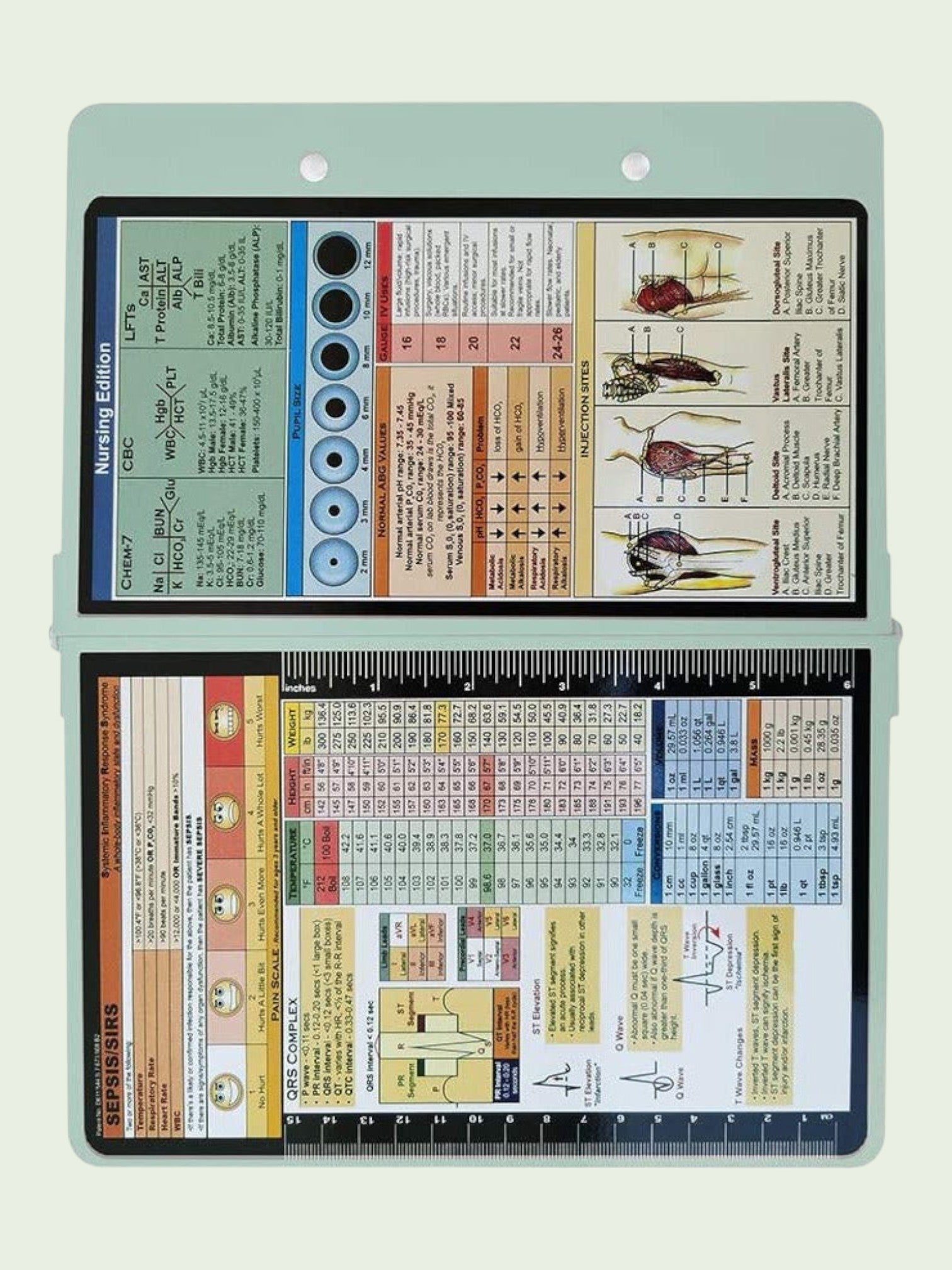 Kotyss foldable aluminum clipboard in mint green with printed nursing reference charts for medical professionals.