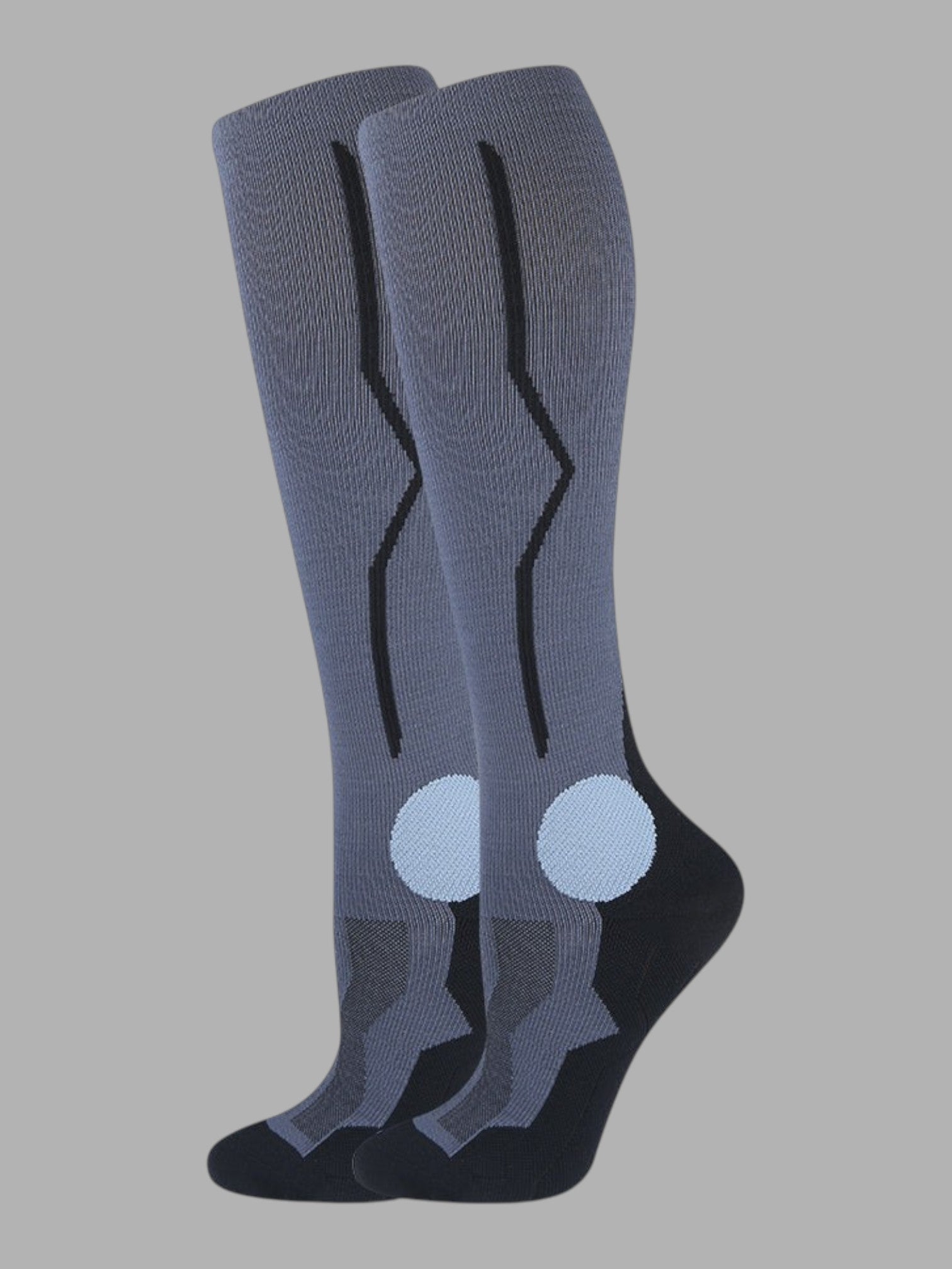 Kotyss grey knee-high compression socks with black accents, seamless design, and targeted padding for athletic support.