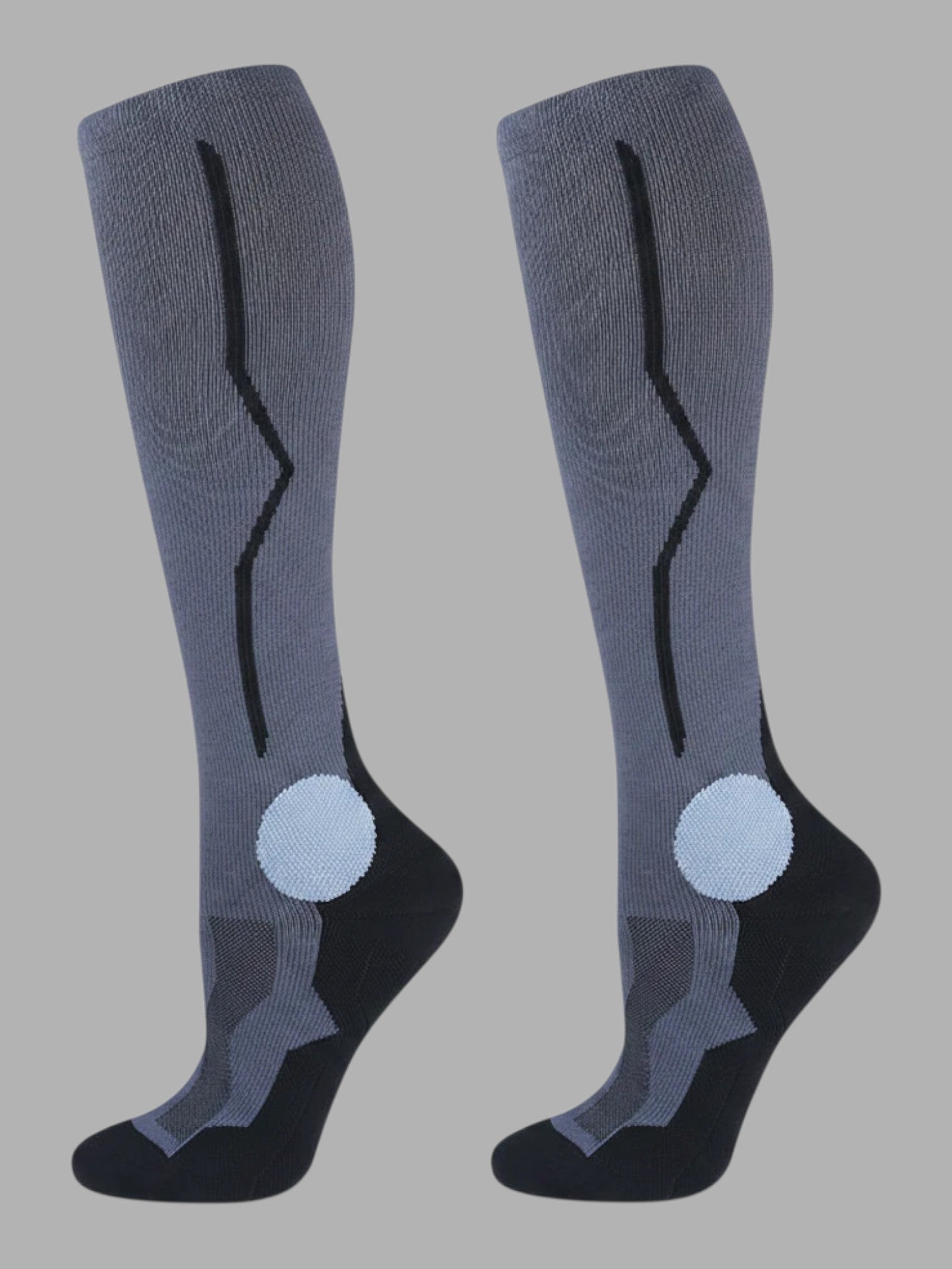 Kotyss grey and black seamless compression knee-high socks with breathable nylon-spandex fabric and padded heel support.