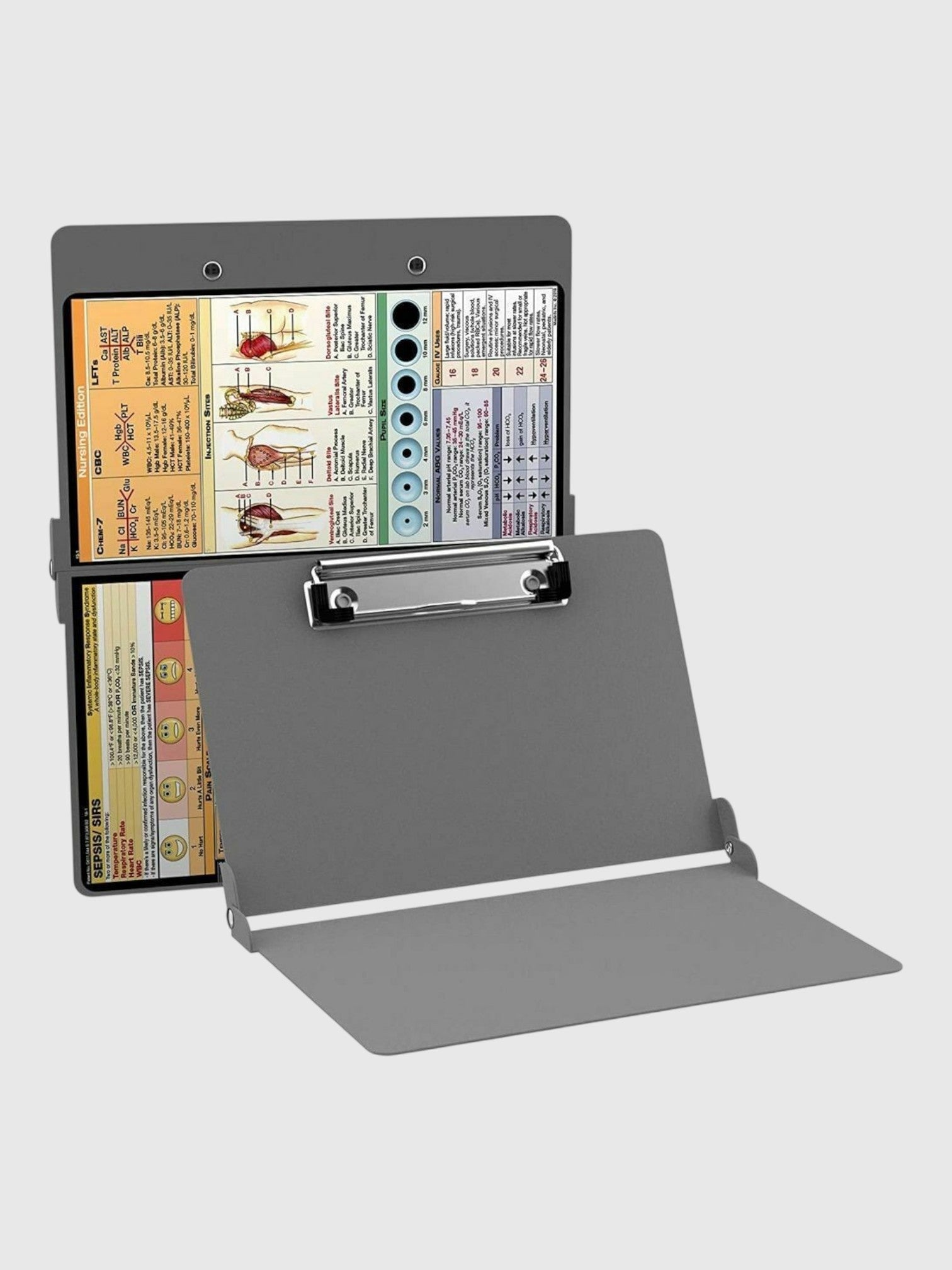 Kotyss grey foldable aluminum clipboard with medical reference charts for nurses and doctors