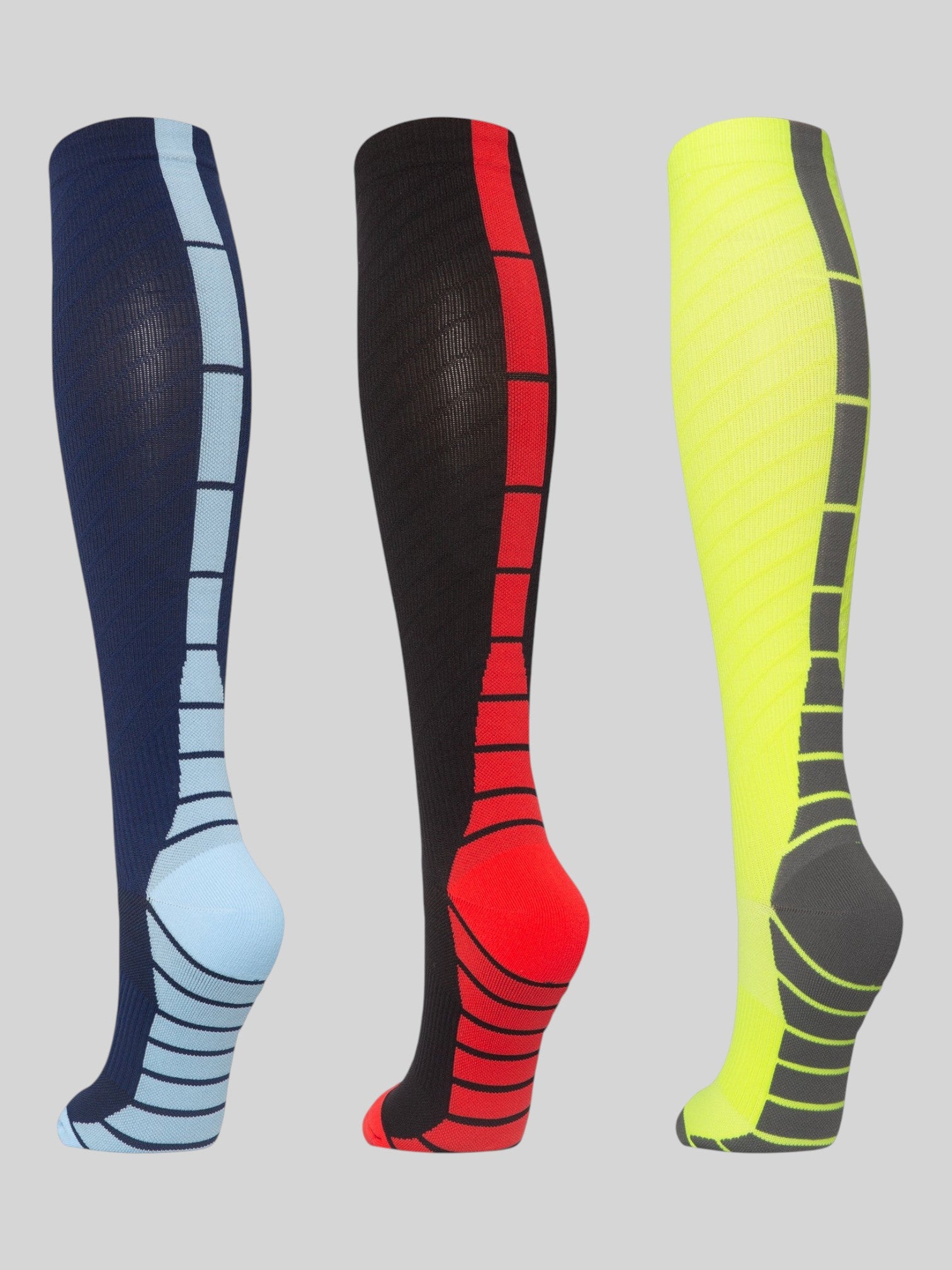 Kotyss unisex knee-high compression socks in blue, black-red, and neon yellow with seamless breathable fabric.