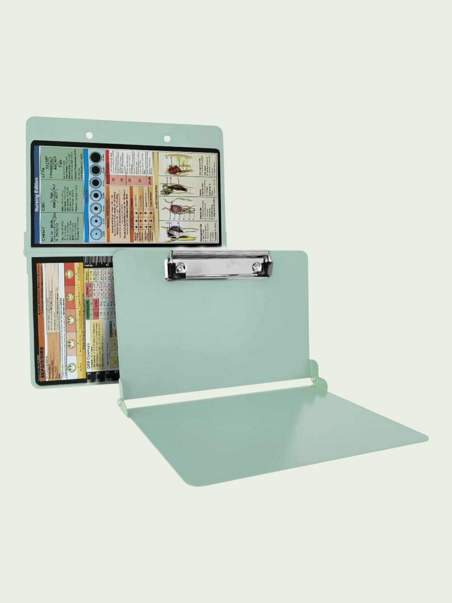 Kotyss mint green foldable aluminum clipboard with medical reference charts for nurses and doctors