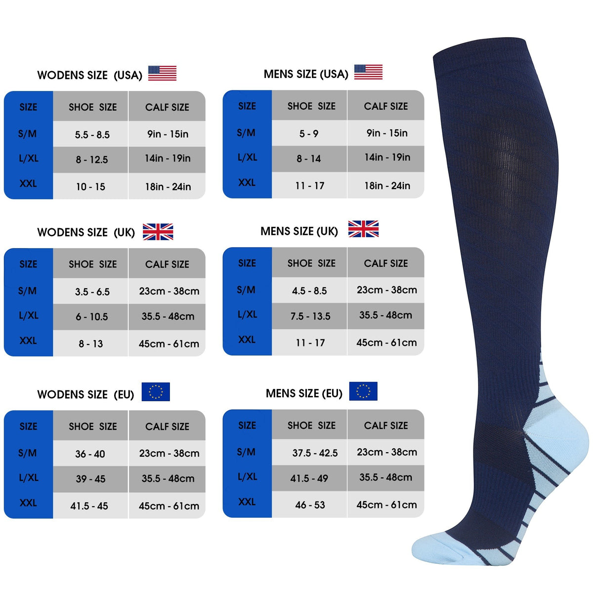 Kotyss navy blue knee high compression socks with light blue heel and toe padding next to a detailed sizing chart.