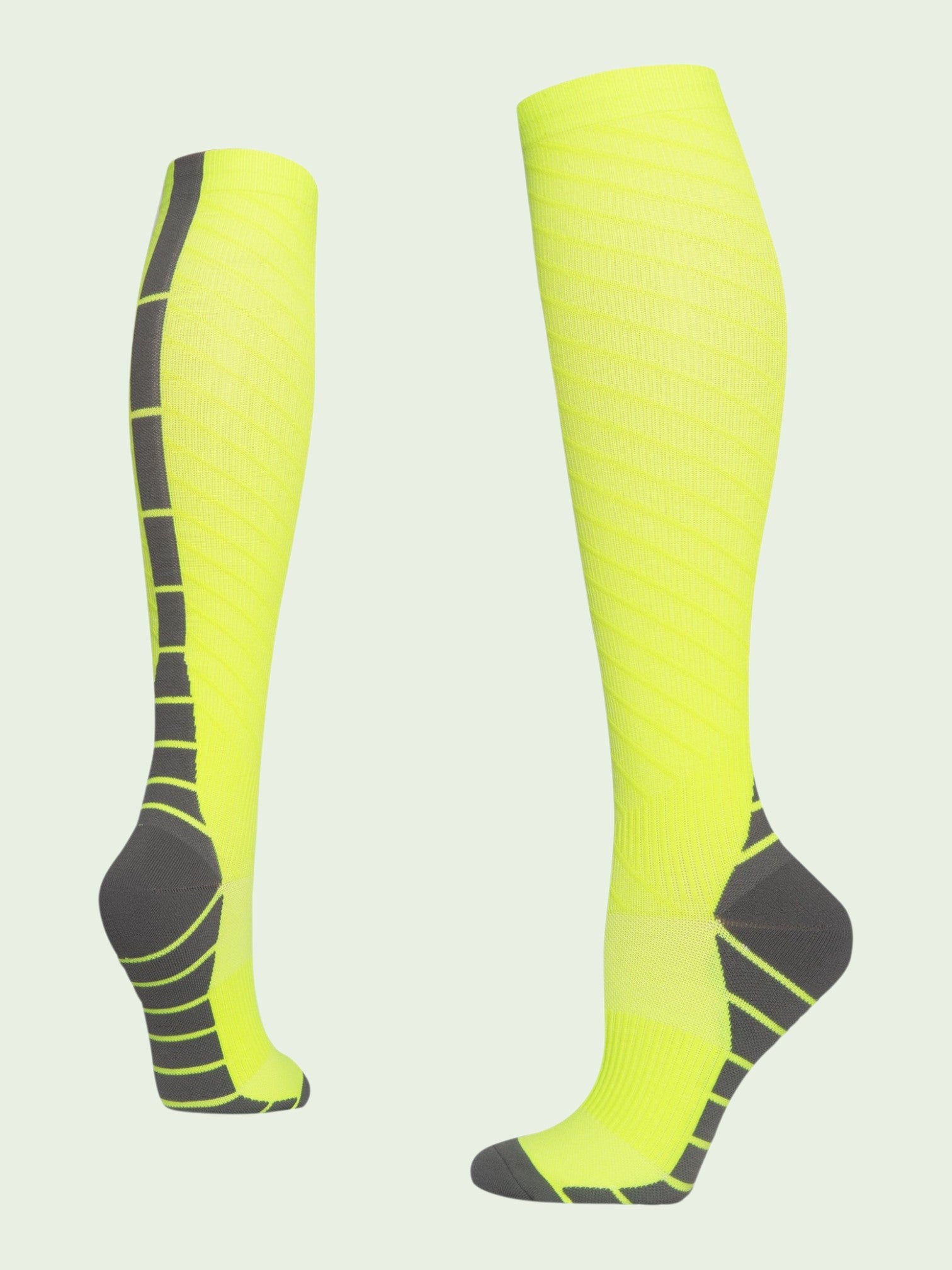 Kotyss neon yellow and grey seamless athletic compression knee high socks with padded toe and heel support