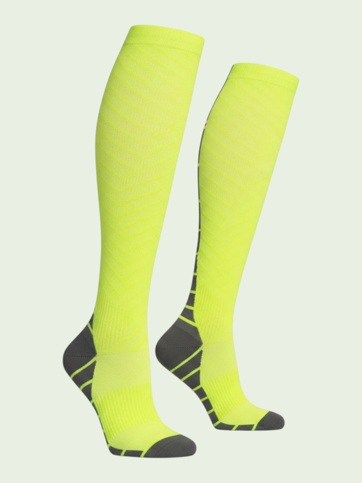 Kotyss neon yellow knee high compression socks with grey heel and toe padding and seamless breathable design